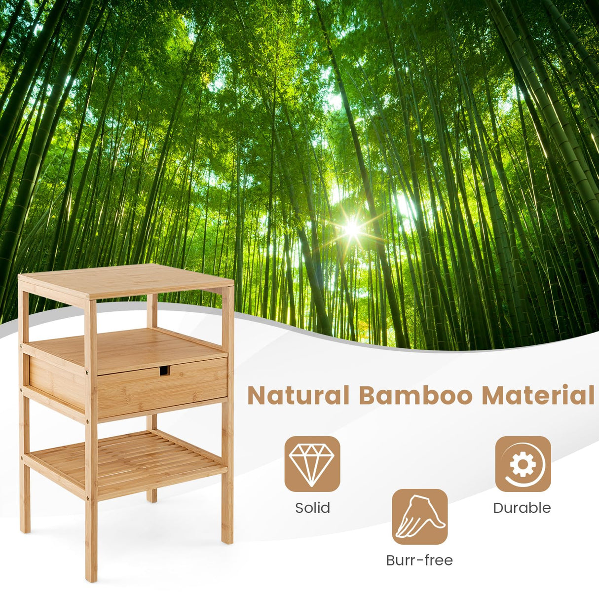 LOKO Bamboo Nightstands Set of 2, Wood Bedside Tables with Pull-Out Drawer & Storage Shelf, Simple Style End Tables for Bedroom, Living Room, Office, Study, Natural LOKO