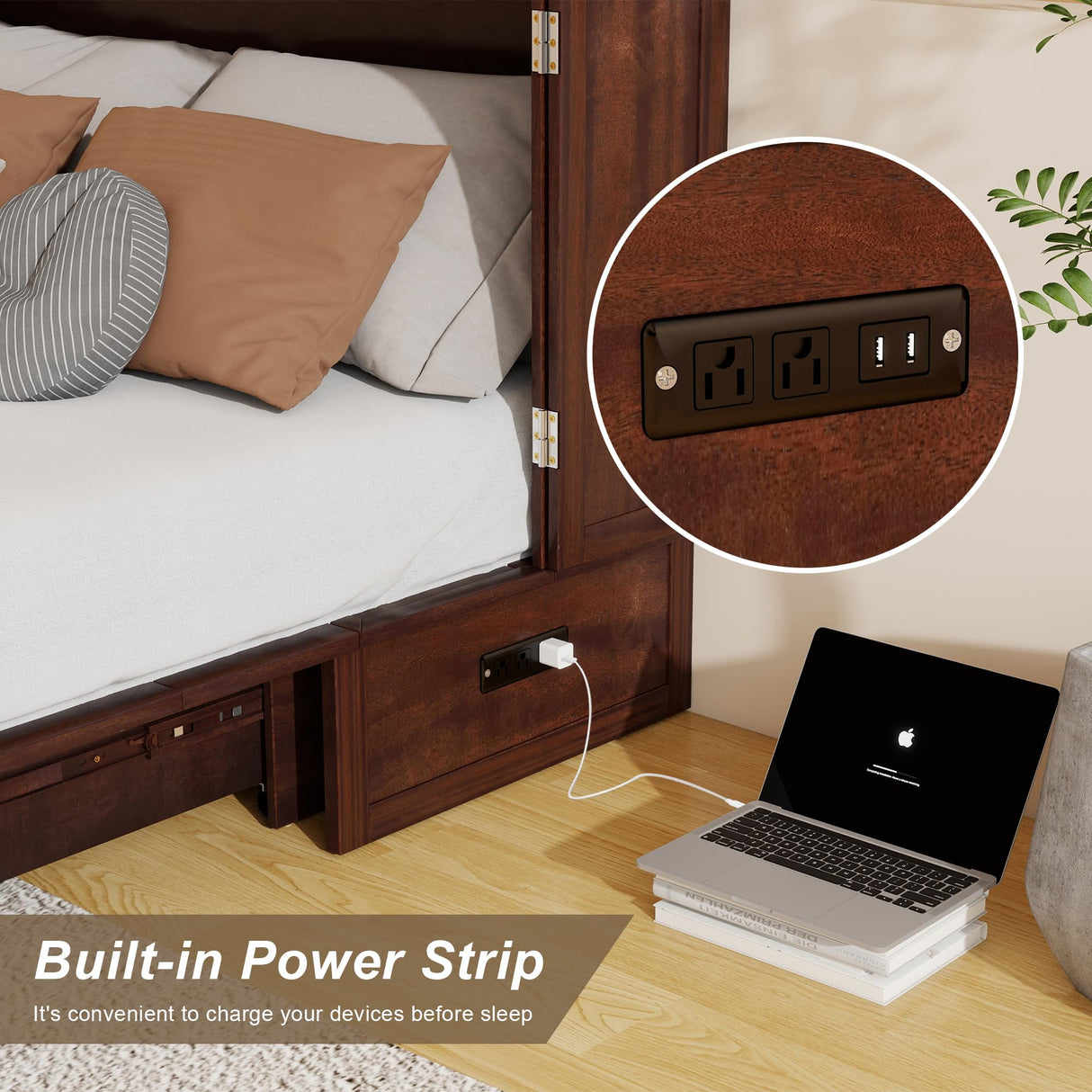 Keloyid Solid Wood Murphy Bed Cabinet:Queen Size Murphy Bed with USB Charging Station and Large Storage Drawer for Home,Optimize Sleeping Space(Mattress Not Included) Deep Brown Red-7 Keloyid