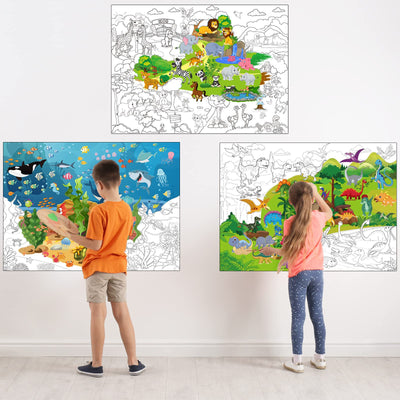Funrous Set of 3 Jumbo Giant Coloring Poster 45 x 32 Inch Large Table Wall Size Coloring Sheets with Zoo Animal, Ocean Creature, Dinosaur Theme Fun Party Activity Classroom Wall Decor Kids Adults Gift