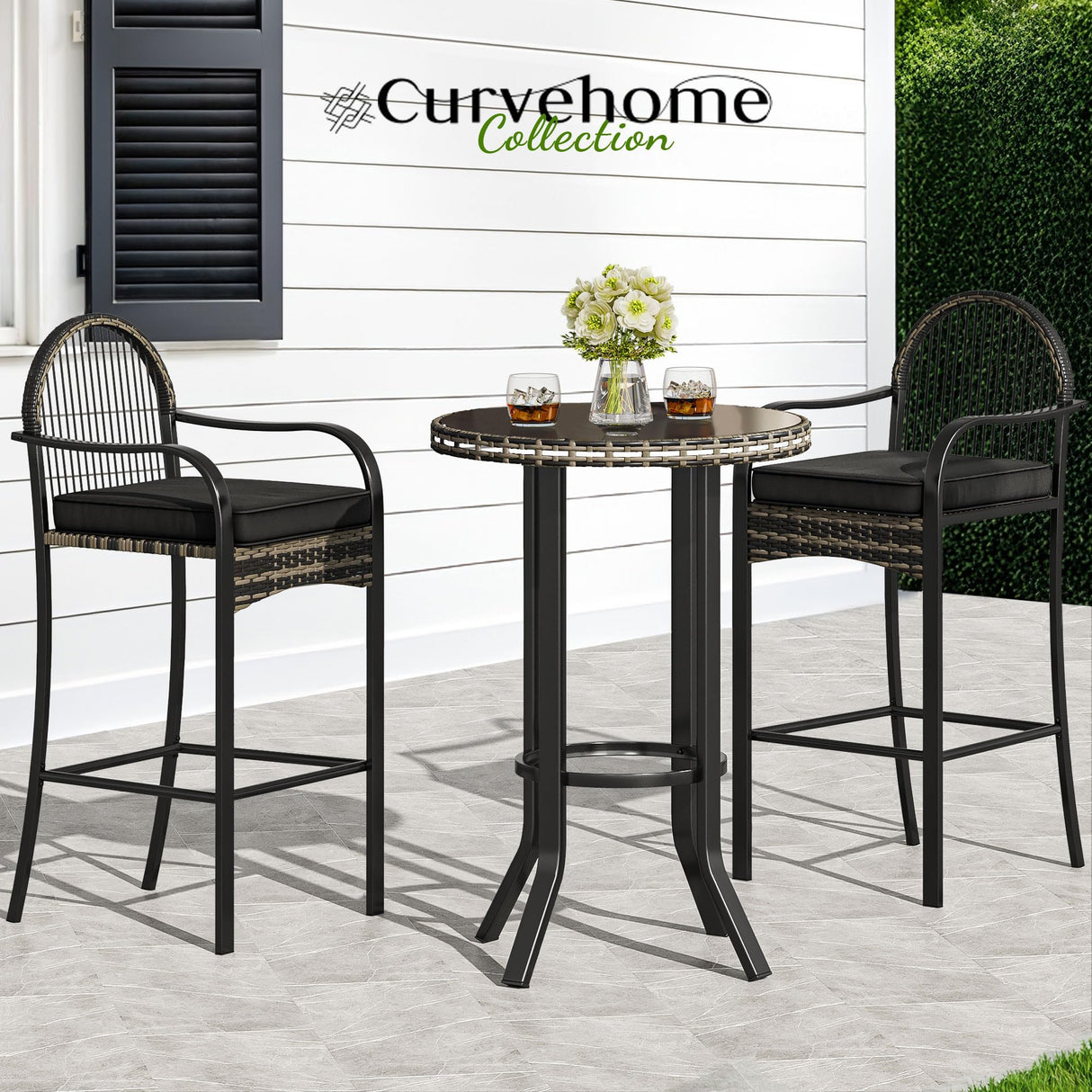 YITAHOME 3-Piece Outdoor Wicker Bar Height Set with Cushioned Barstools, Patio Bistro Furniture for Balcony and Poolside, Black YITAHOME