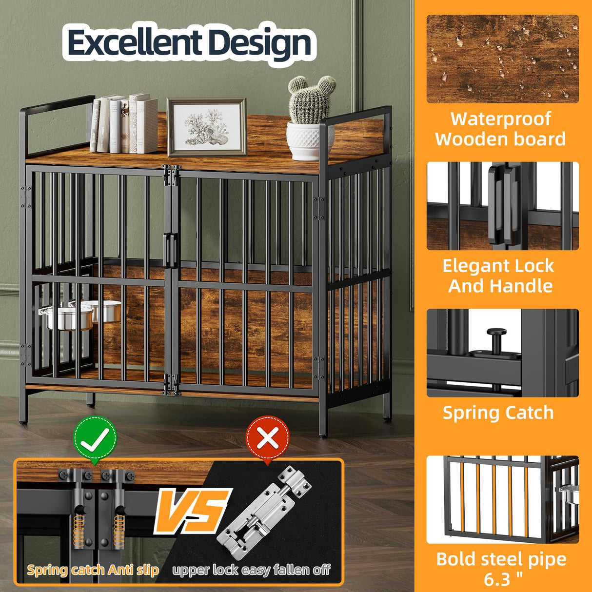 Large Dog Crate Furniture, with 360° Adjustable Elevated Feeder, Heavy Dog Furniture, Indoor Decorative Dog Kennel, Sturdy Metal Construction, 38" W×21" D×36" H, Rustic Brown Finish vanjezand