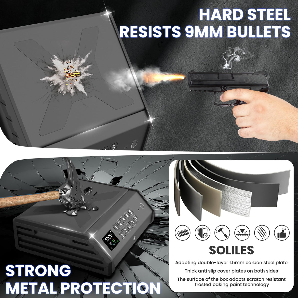 Smart Gun Safe, 4 Ways Biometric PistolRechargeable Safe withFingerprint/Keypad/Key/APP Lock, APPControl, LCD Display, Emergency PowerSupply Handgun Lock Box for HomeBedroom, Car soliles