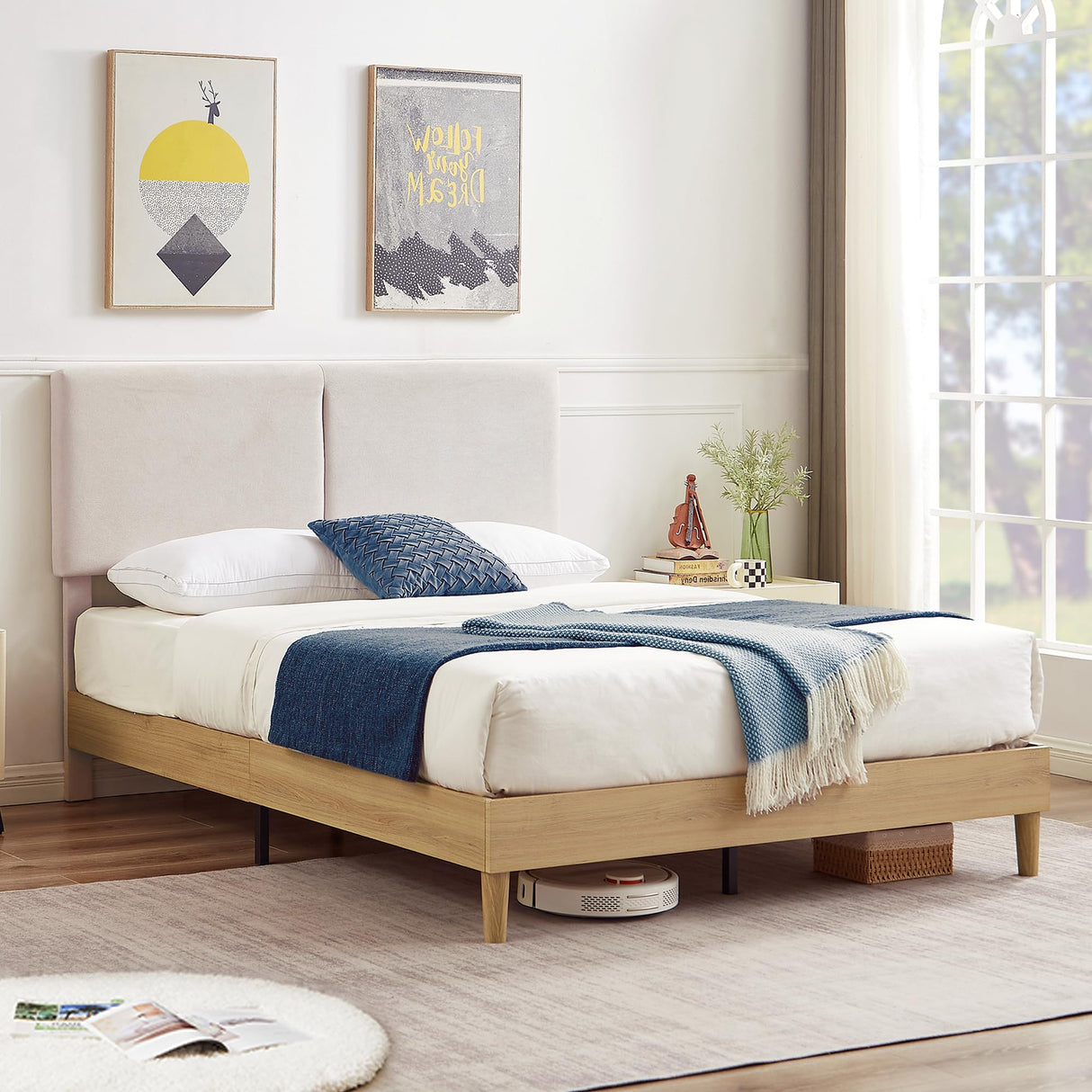 VECELO Adjustable Beige Upholstered Queen Bed Frame with Heavy-Duty Slats and Noise-Free Design VECELO
