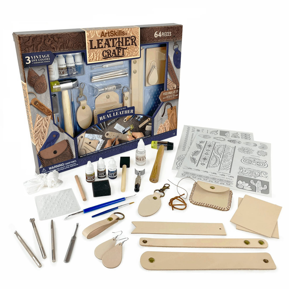 ArtSkills Leather Working Kit for Beginners with Leather Tools, Dyes, and Stamps - Arts and Crafts Kit for Adults & Teens, 64 pc ArtSkills
