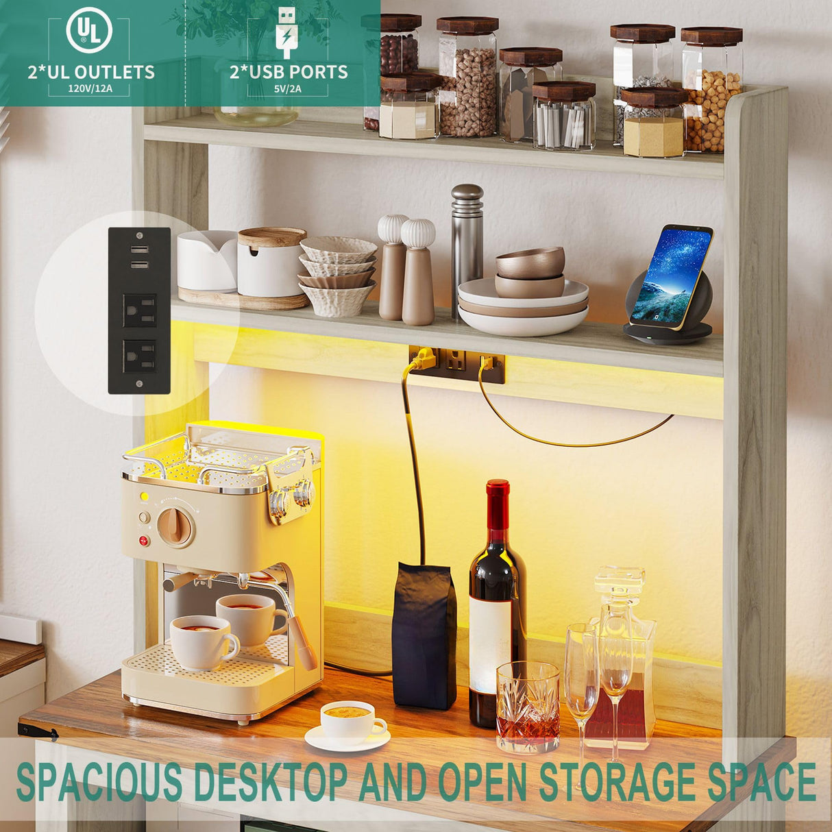 YITAHOME Bakers Rack Cabinet, Microwave Stand with Power Outlet & RGB LED Lights, Farmhouse Coffee Bar Station with Storage, 5-Tier Kitchen Pantry Hutch for Dining Living Room,White Walnut Grain YITAHOME