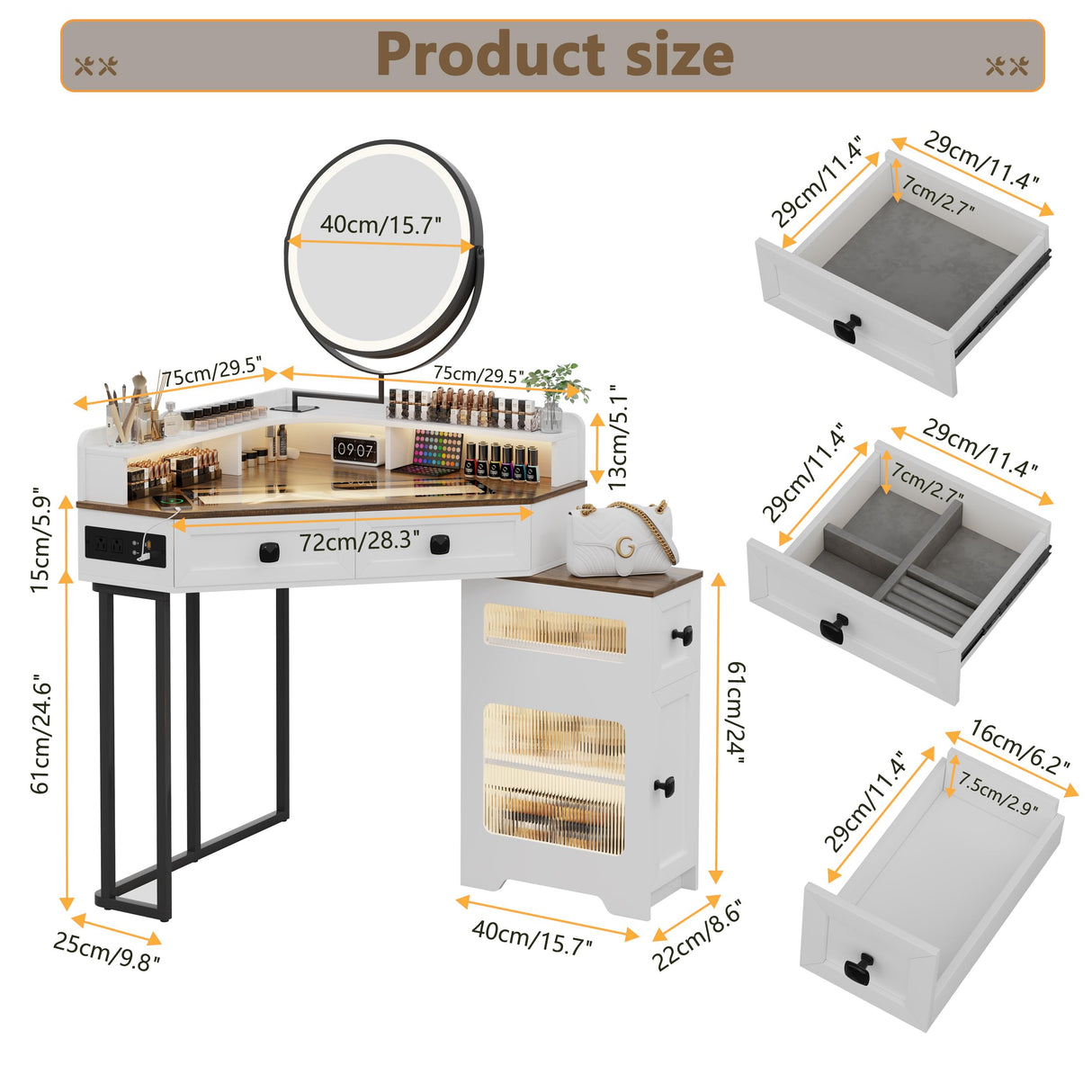 FREDEES Corner Vanity with Mirror and Lights,Modern Makeup Vanity Set with Charging Station for Bedroom/Cloakroom,Glass Top Vanity Table with Drawers and Shelves,White FREDEES