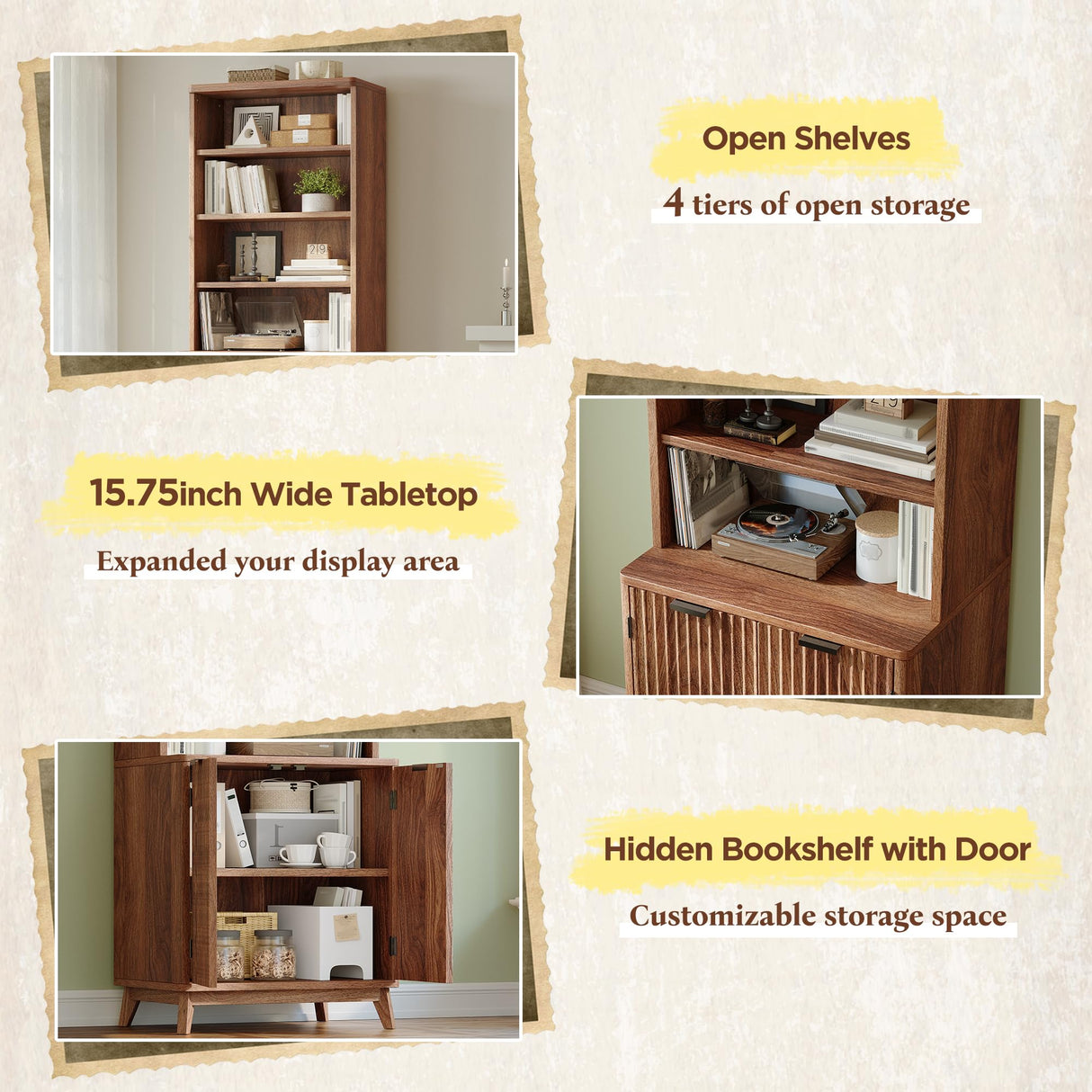 DurayLoly Tall Bookshelf with Doors, 6-Tier Bookcase with Adjustable Shelves & Storage,Fluted Cabinet Mid-Century Modern Wooden Book Shelf for Home Office, Living Room, Kitchen, Walnut DurayLoly