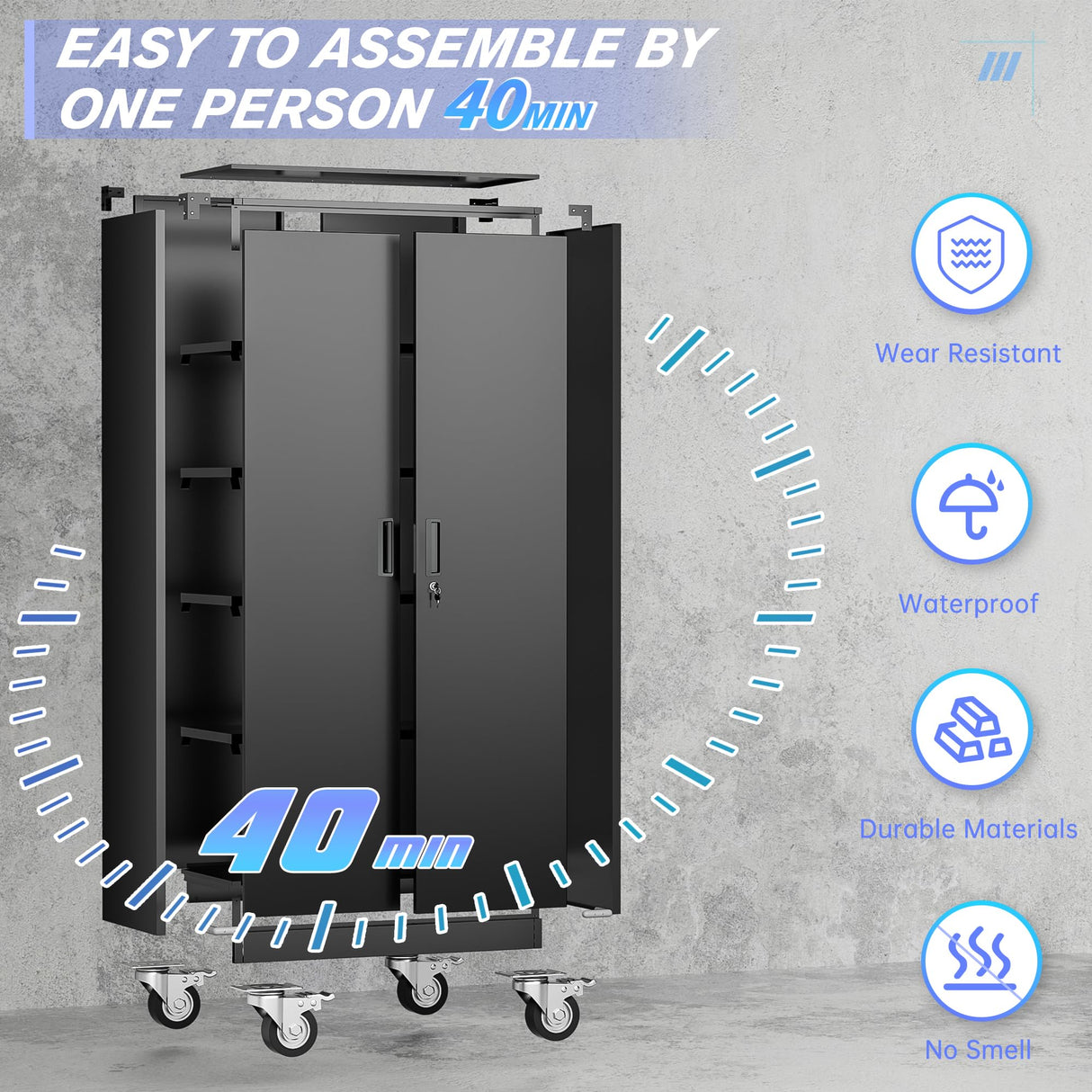 Pataku 73" Metal Storage Cabinet with Wheels, Garage Storage Cabinet with 4 Adjustable Shelves & Lockable Doors for Garage Home Office, Heavy Duty Tool Cabinets Pataku