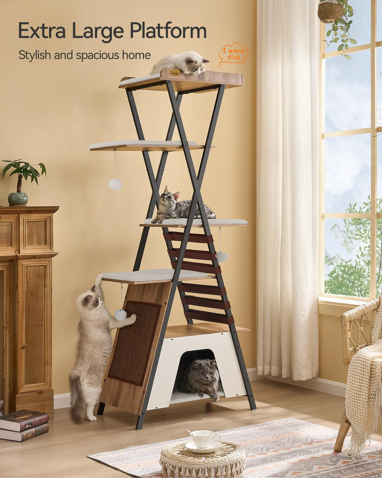 FourFurPets 72.4" Cat Tree, Modern Cat Tower for Indoor Cats, Multi-Level Cat Condo with Caves, Tall Cat Tree with Cat Scratching Board, Wooden Cat Tower with Large Perch, Removable Pads, Camel Brown FourFurPets