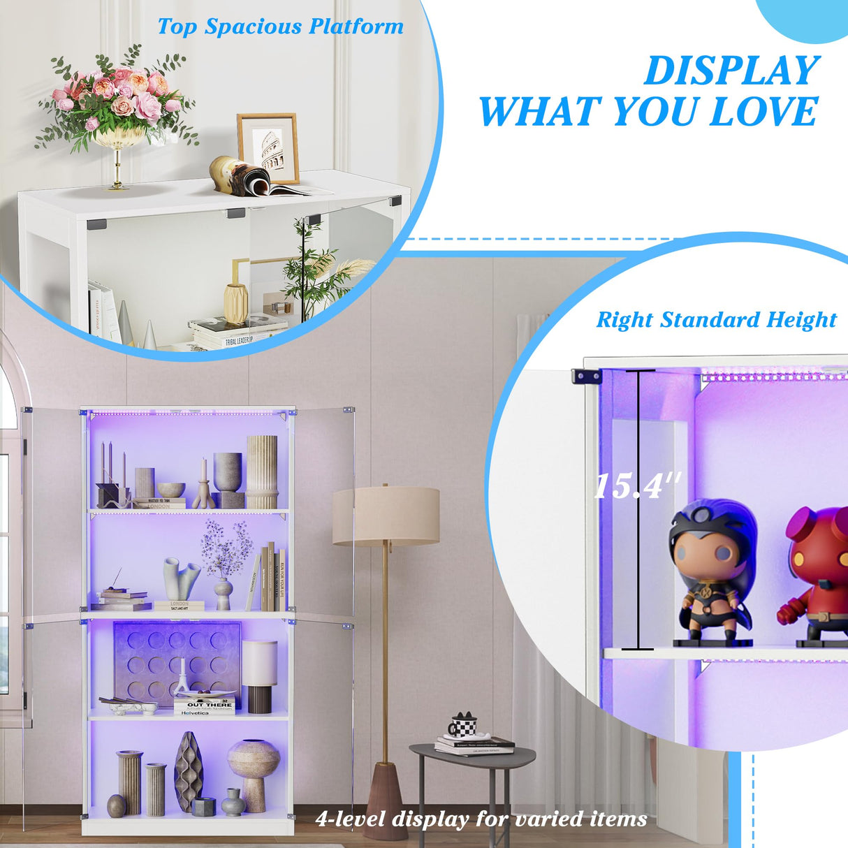 UTOASIS 65" Tall Glass Display Cabinet with Doors, 4-Tier Curio Cabinet for Collectibles with 12 LED Lights, Glass Display Case with 3 Shelves for Toys & Books, Home, Office and Playroom (White) UTOASIS
