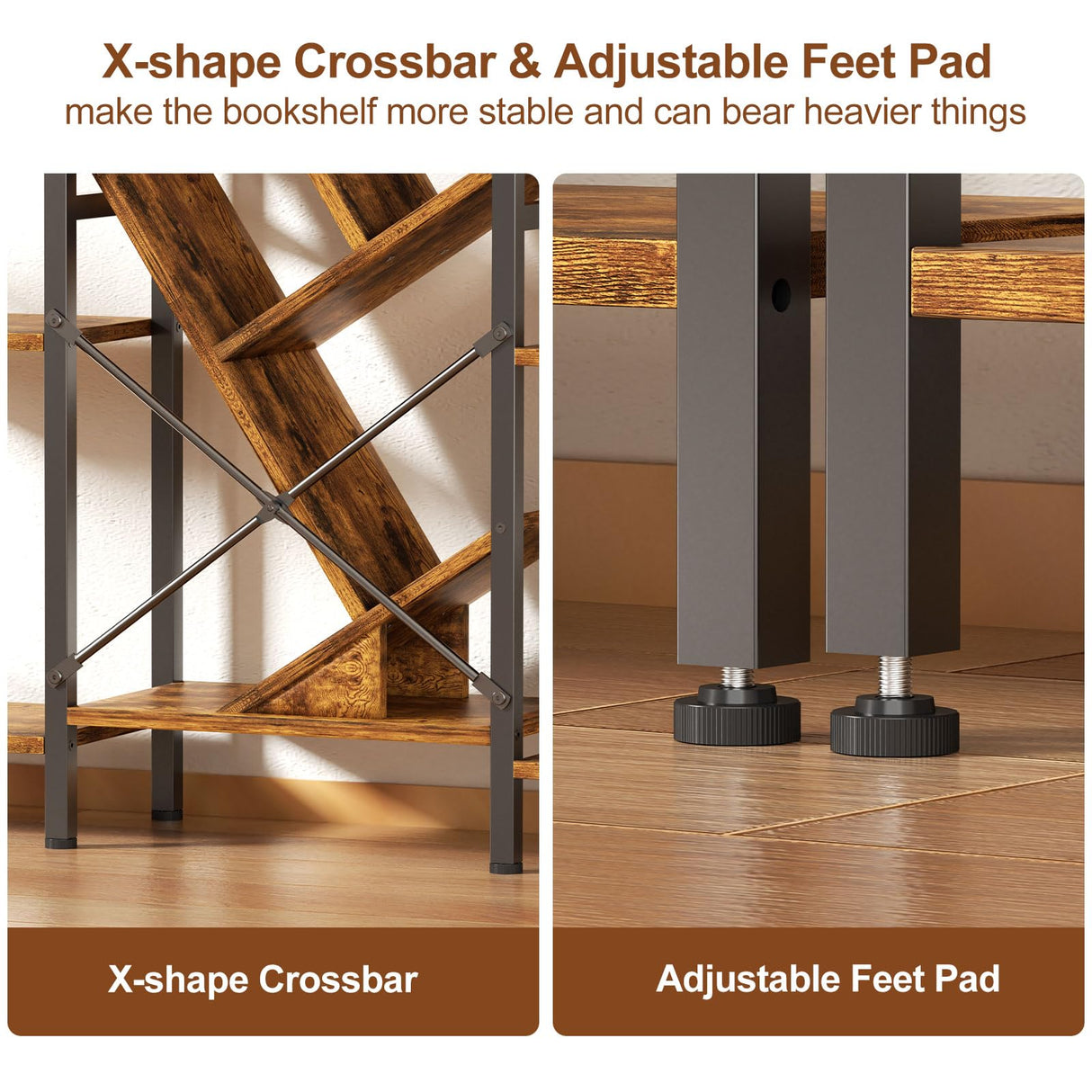 Cutogxon Triple 5 Tier Bookshelf, Large Bookcase Industrial Bookshelf with 19 Open Display Shelf, Wooden Wide Tall Tree Bookshelf for Living Room Home Office, Rustic Brown Cutogxon