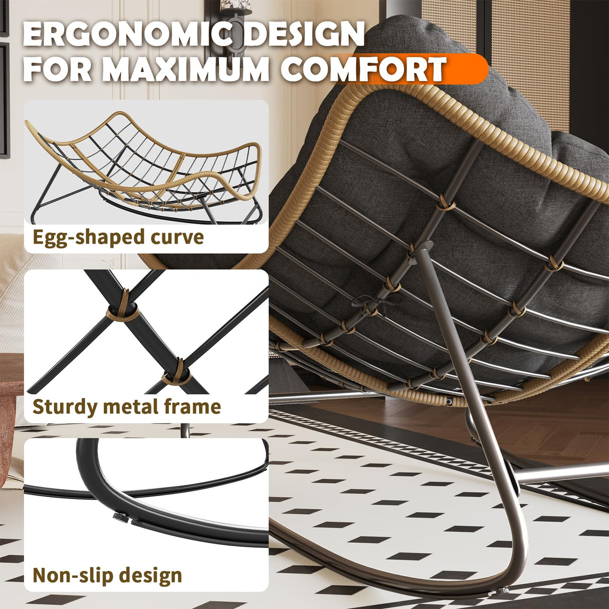 VONZOY Outdoor Rocking Chair, Indoor Papasan Chair, Oversized Egg Rocking Chair with Thick Cushion, Rattan Wicker Rocker Lounge Chair for Bedroom, Living Room, Patio, Garden, Porch (Dark Grey) VONZOY