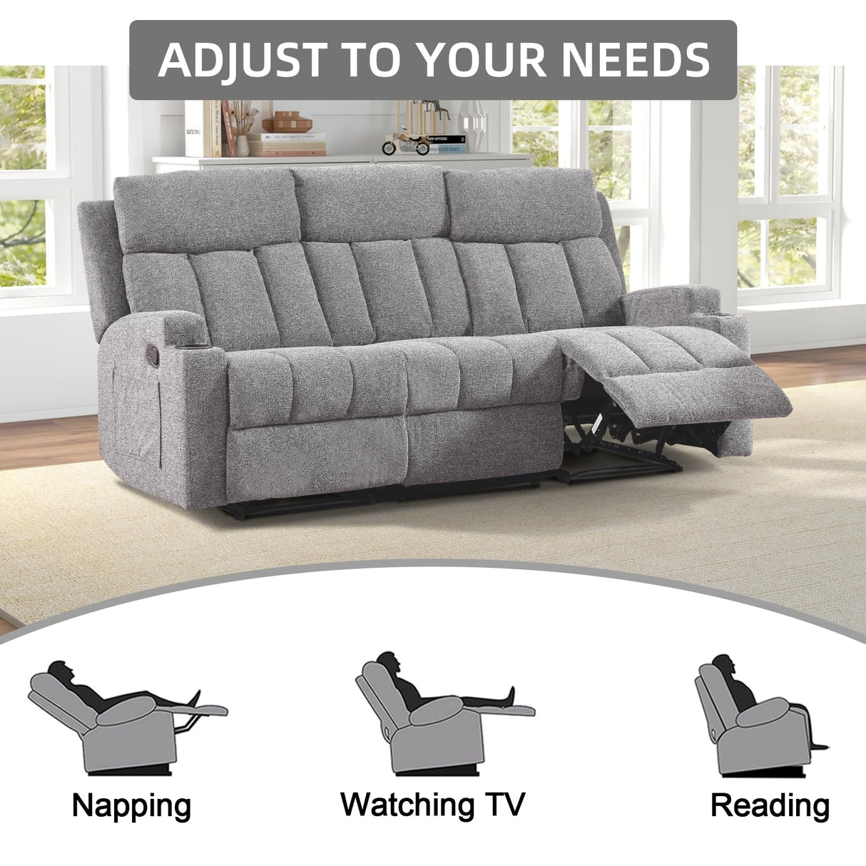 CANMOV Manual Fabric Reclining 3 Seat Sofa Couch with 2 Cup Holders, 3 Seater Recliner Sofa Couch with Armrest and Pockets for Living Room, Bedroom Furniture, Gray CANMOV