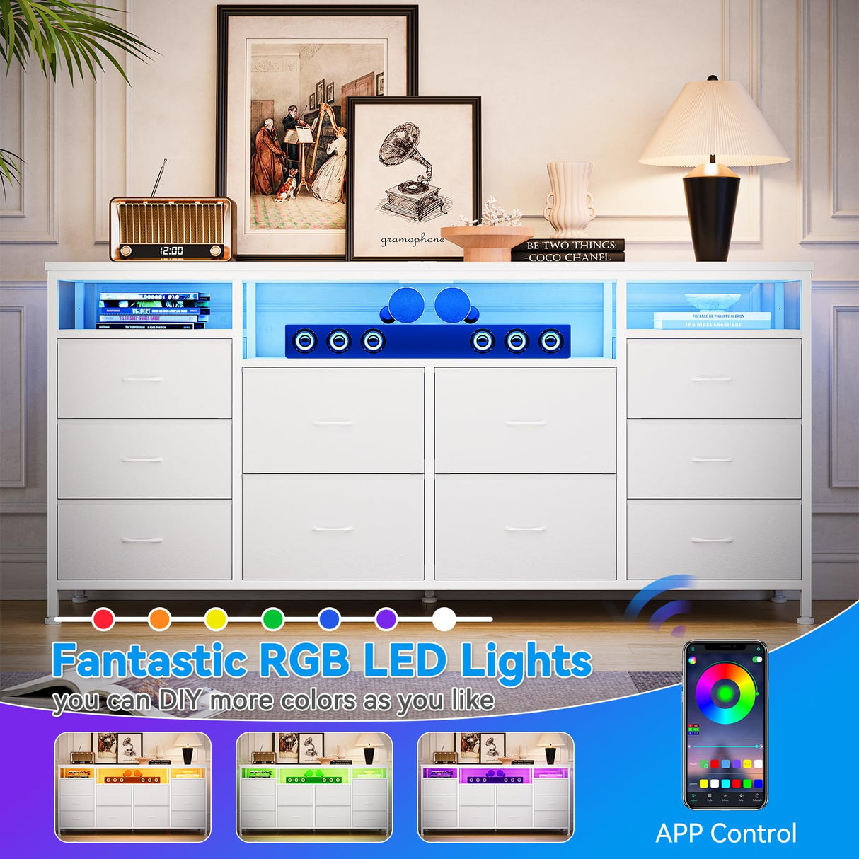 63.3 Inch Dresser for Bedroom, 10 Drawer Dresser Tv Stand for 65 70 75 Inch Tv, Fabric Chest of Drawers with Led Lights & Power Outlets, Long Entertainment Center for Closet, Living Room (White PU) GarveeHome