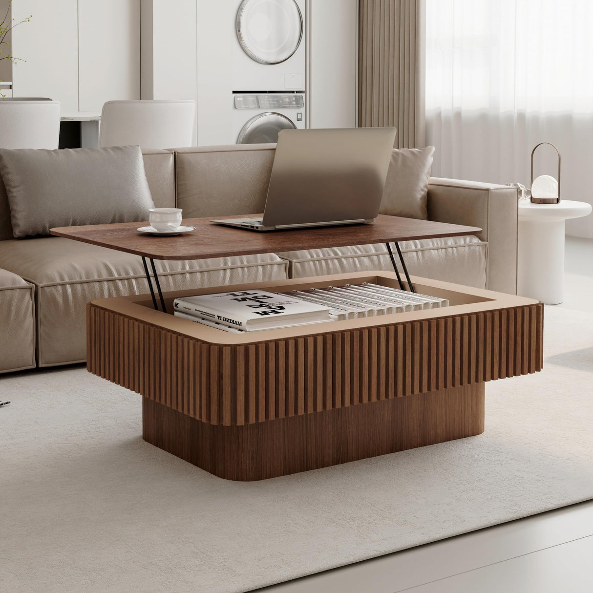 Coffee Table with Lifting Top for Living Room,Mid Century Modern Wood Fluted Lift Top Coffee Tables with Storage,38.6'' Modern Smart Rectangular Lift Pull Up Tabletop for Apartment Office,Walnut BSYEIO