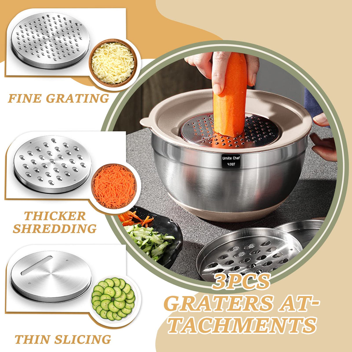 Mixing Bowls with Airtight Lids Set, 26PCS Stainless Steel Khaki Bowls with Grater Attachments, Non-Slip Bottoms & Kitchen Gadgets Set, Size 7, 4, 2.5, 2.0,1.5, 1QT, Great for Mixing & Serving Umite Chef