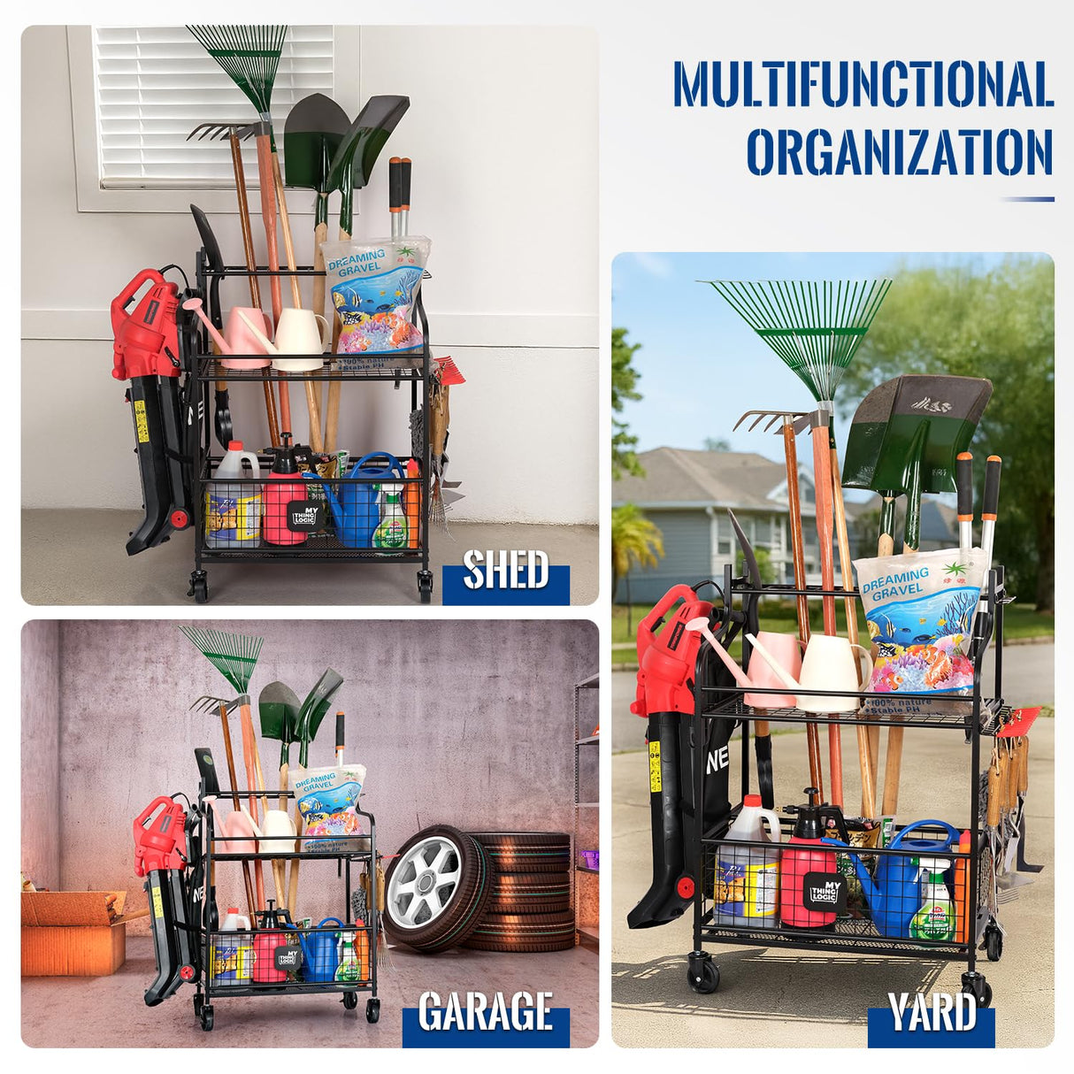 Mythinglogic Garden Tool Organizer for Garage, Yard Tool Rack with Wheels, Garage Organizers and Storage Holder for Yard Tools (Deluxe Tower) Mythinglogic