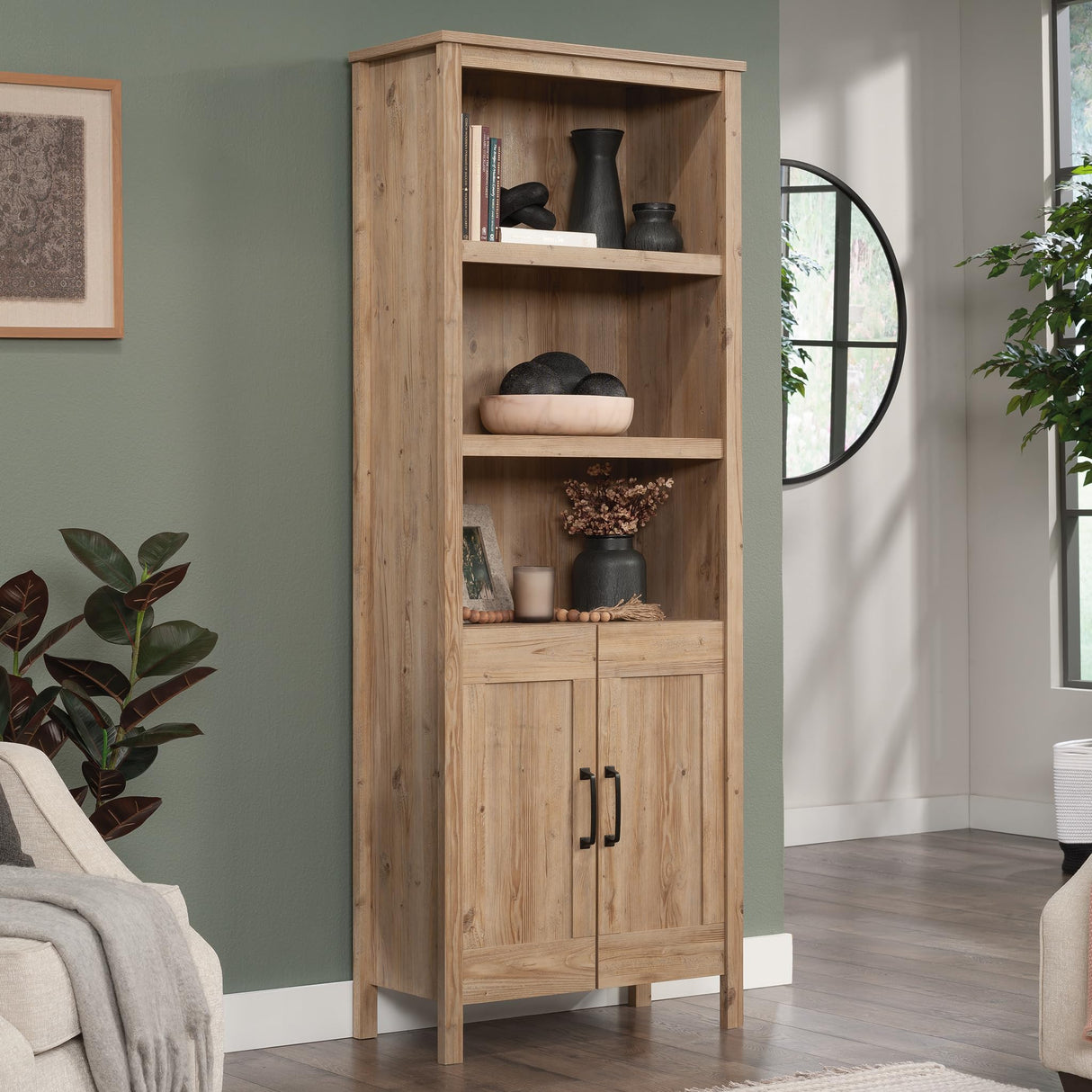 Sauder Select Bookcase with Doors, Khaki Pine Finish Sauder