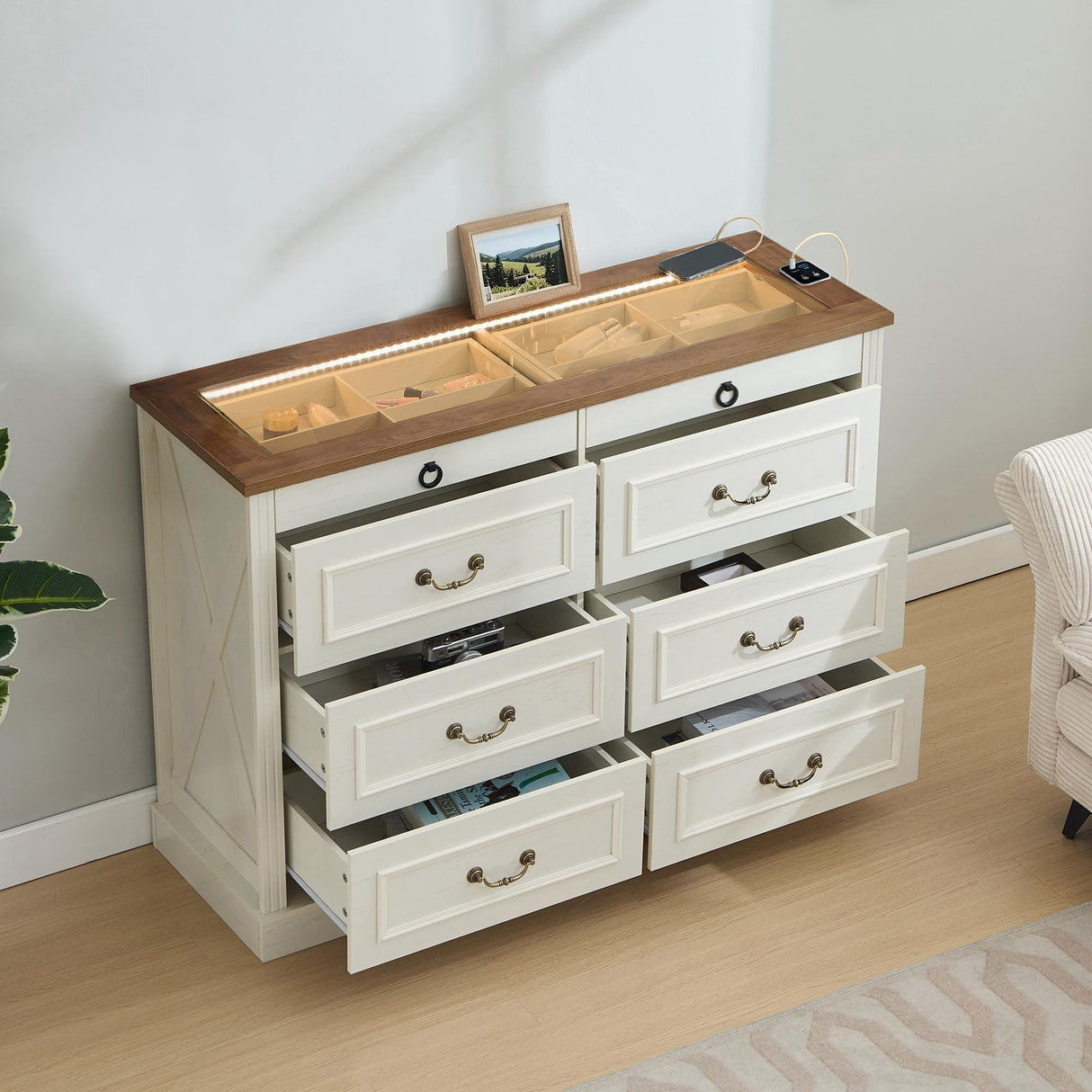 Tltaroni Farmhouse 8 Drawer Dressers, Wooden Chest of Drawers with Glass Top LED Light Charging Station Human Sensor Storage Organizer for Living Room Bedroom and Hallway, Antique White Tltaroni