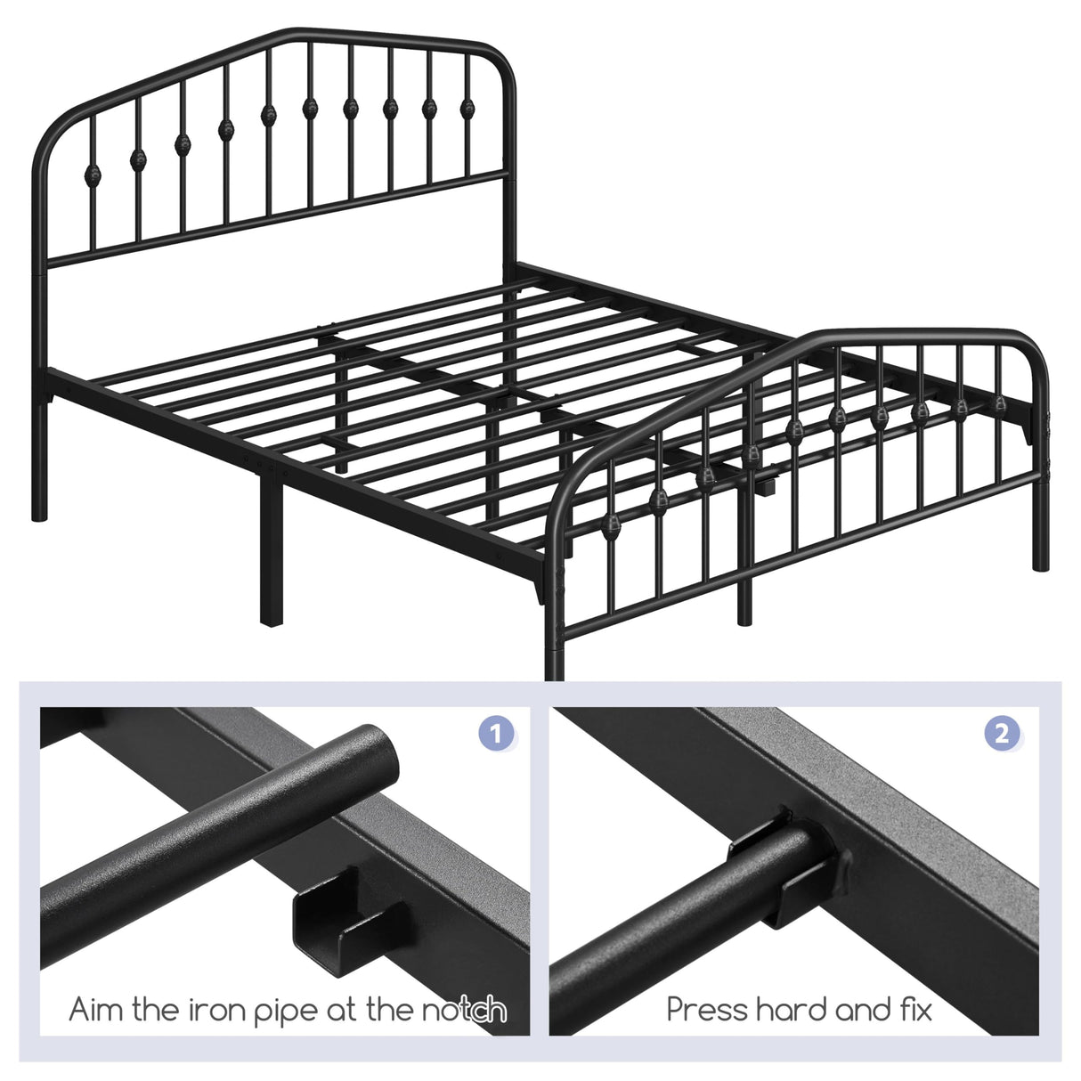 Elegant Victorian-Style Black Metal Queen Bed Frame with Crown Headboard and Easy Assembly Yaheetech