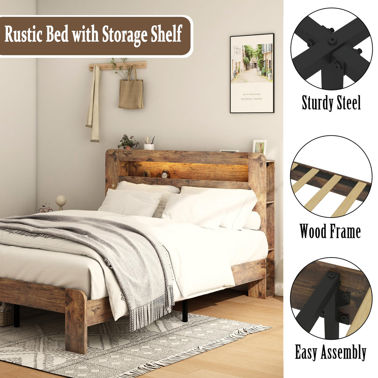 SAMTRA Modern King Wood Bed Frame with LED Headboard, Storage & Bookshelf SAMTRA