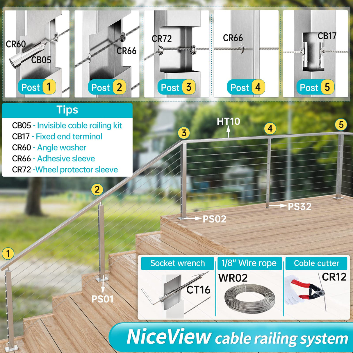 Muzata Stair Cable Railing Post 36 Inch for 25-35 Degrees Stair 36"x2"x2" Surface Mount Brushed T304 Stainless Steel Cable Railing System Kit Indoor Outdoor with Paper User Guide PS01 LA4S Muzata