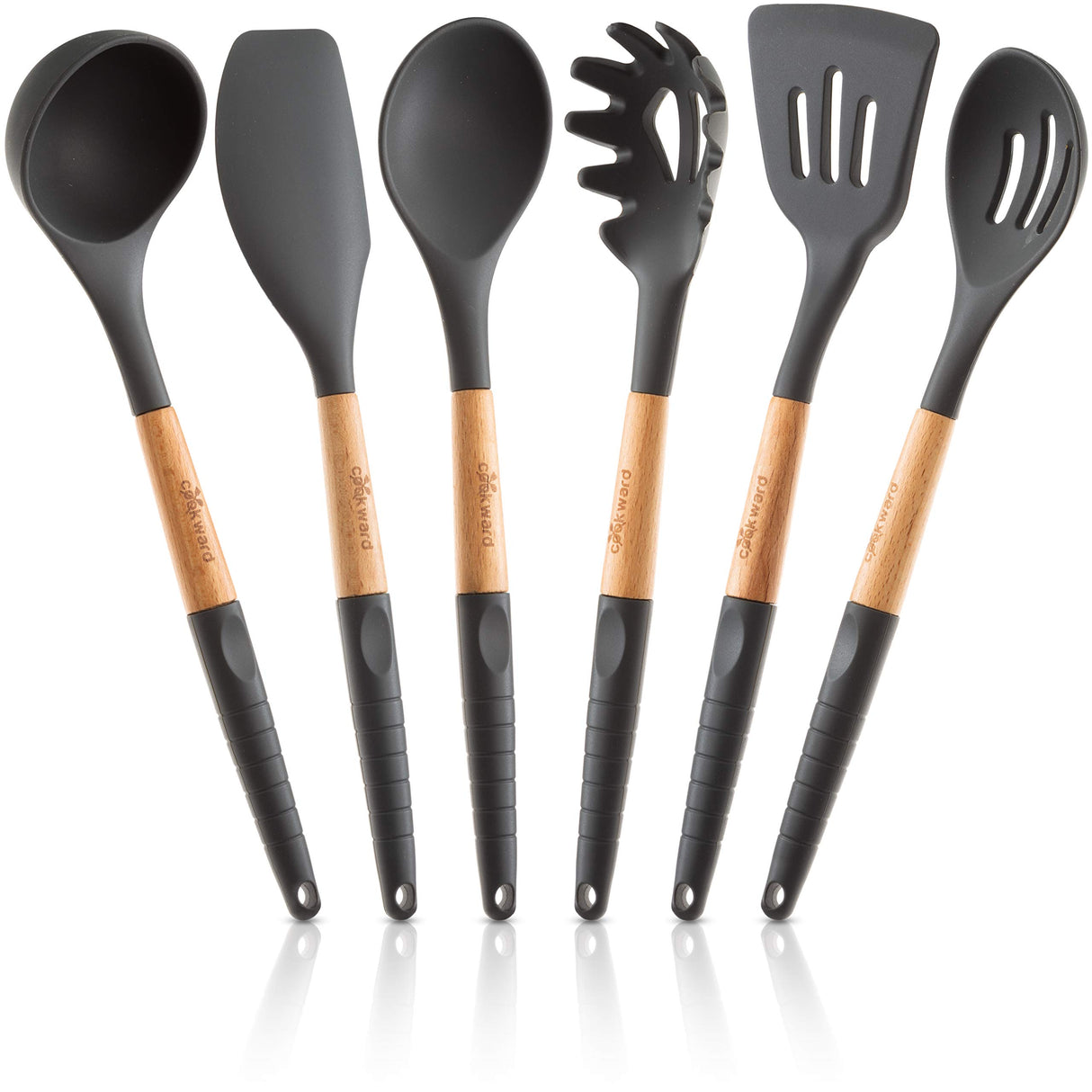 Cookward Silicone Cooking Utensils Set (6 pcs) Natural Wood Kitchen Utensils – Eco Friendly & BPA Free, Non-Scratch & Non-Stick Easy Grip -Black cookward