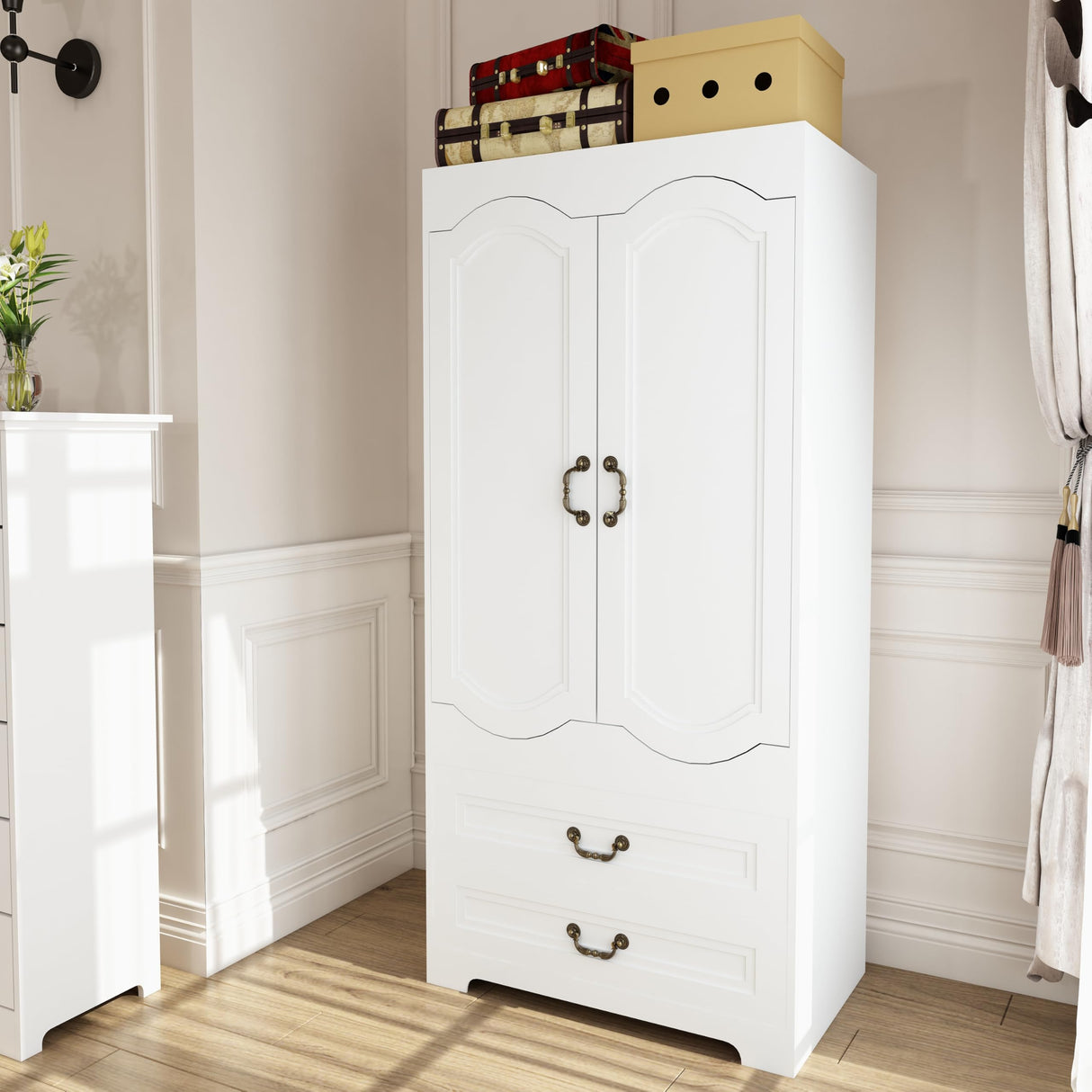 Janmer Home Armoire Wardrobe Closet with 2 Drawers, Tall Wooden Wardrobe Closet with 2 Doors and Hanging Rail, Free Standing White Armoire for Bedroom (Retro, White) Janmer Home