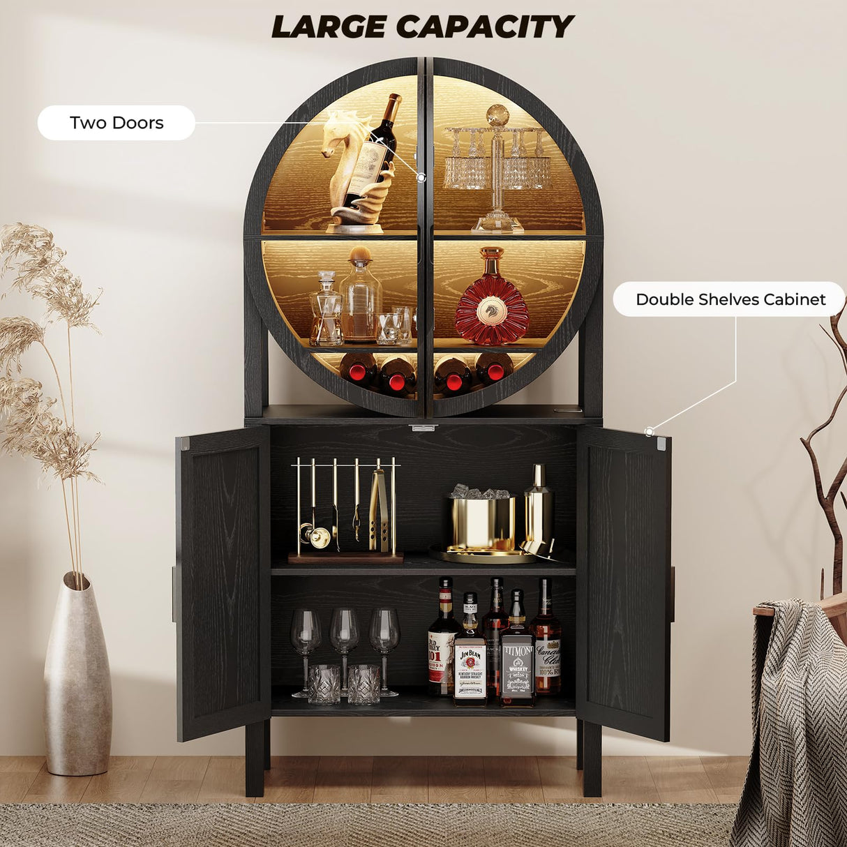 BROTTAR Rounded Kitchen Pantry, Bar Display Cabinet with LED Lights, 65" Tall Wine Storage Cabinet with Glass Doors & Shelves, Modern Liquor Cabinets for Dining Room, Kitchen, Living Room,Black BROTTAR