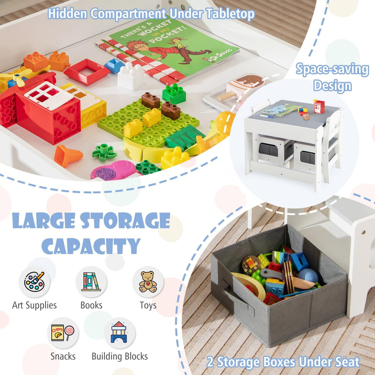 GLACER Kids Table and Chairs, 3 in 1 Wooden Activity Table with Storage, Reversible Tabletop, Chalkboard for Crafts, Drawing, Reading, Toddler Table and Chair Set for Playroom, Easy to Clean(Grey) GLACER