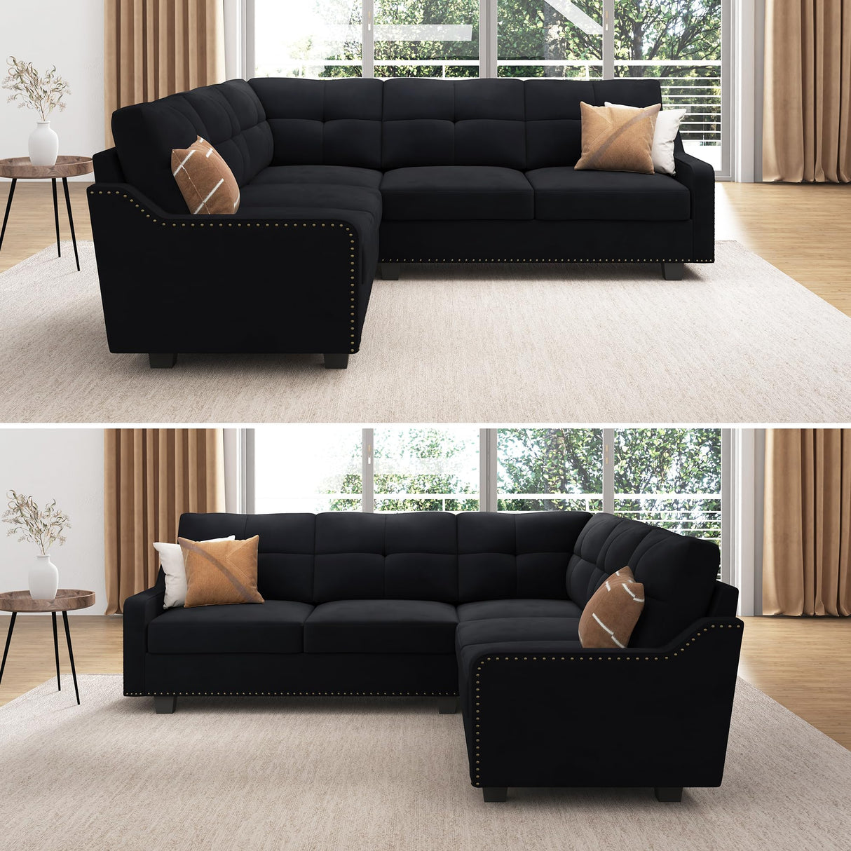 HONBAY Convertible Sectional Sofa L Shaped Couch for Small Apartment Reversible Sectional Couch for Living Room,Velvet Black HONBAY