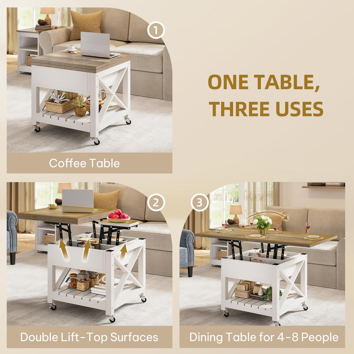 YITAHOME Lift Top Coffee Table with Wheels, Farmhouse Square Coffee Tables for Living Room, 2 Tier Small Coffee Table with Storage Compartment Rustic Wood Cocktail Table Dining Table, Grey Wash YITAHOME