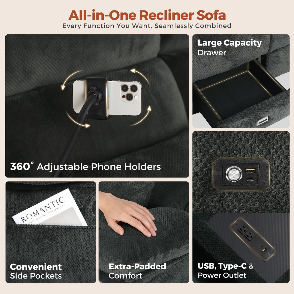 ABCASA 3 Seater Recliner Sofa, Manual Reclining Couch with Flip Middle Backrest, Phone Holder, Side Pocket, Drawer, Power Outlet, Reclining Sleeper for Living Room, Home Theater & RV (Textile - Gray) ABCASA