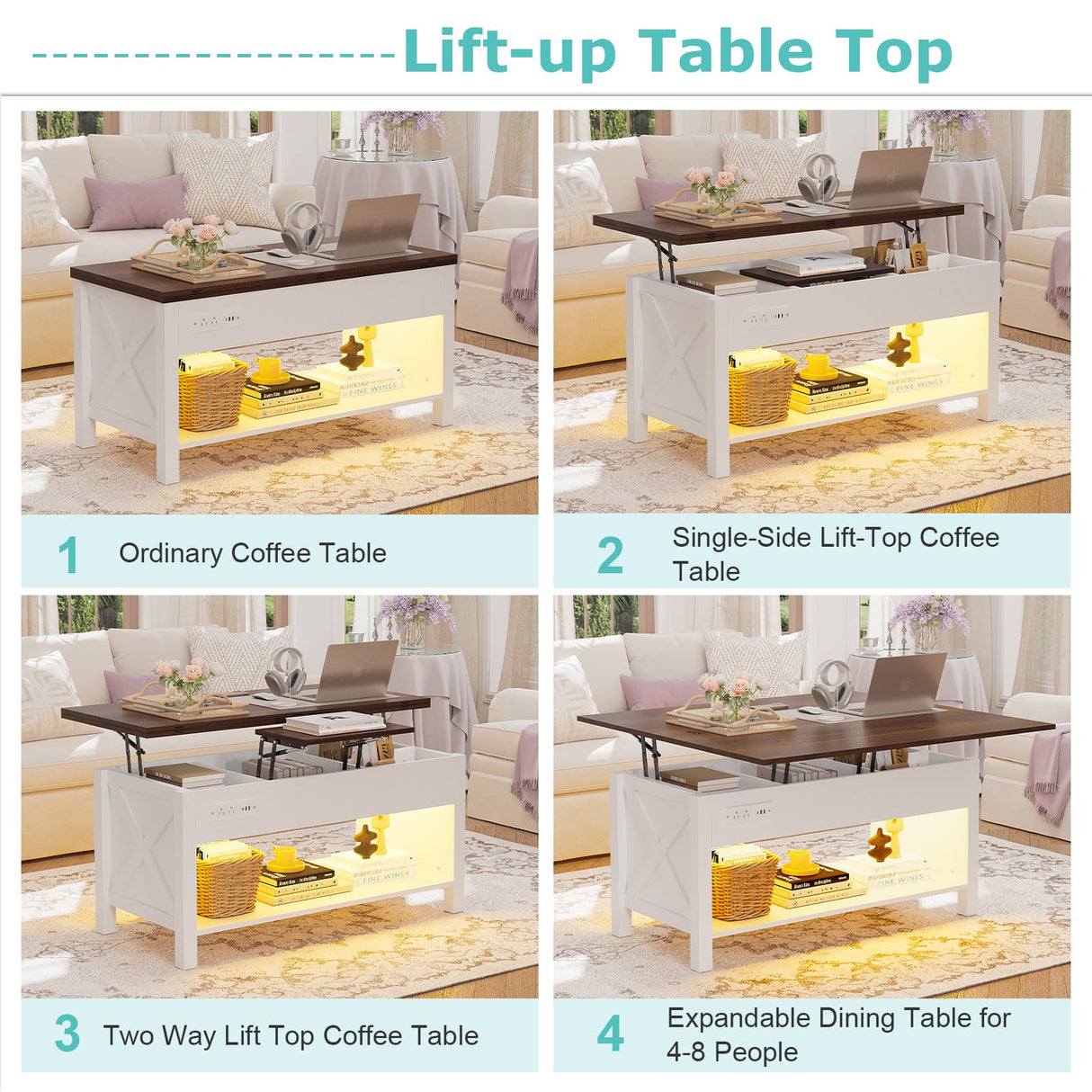 PPorfamilia Lift Top Coffee Table, 4 in 1 Coffee Table with Storage for Living Room, Lift Tabletop Dining Table with Hidden Compartment, Center Table with LED Light & Charge Station for Office, White PPorfamilia