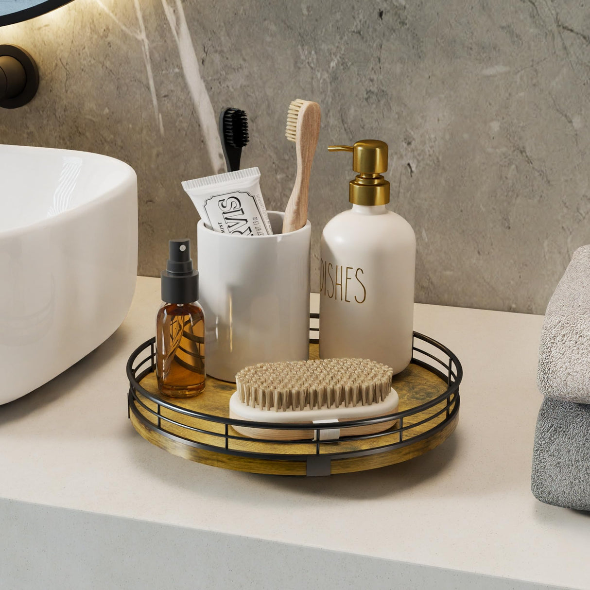 HGF Farmhouse 10" Lazy Susan Turntable Organizer for Table Top, Round Wooden Lazy Susan for Cabinet Kitchen Decor Centerpieces Coffee Table, Storage Condiments Spices, Bathroom Vanity Tray for Soap HGF