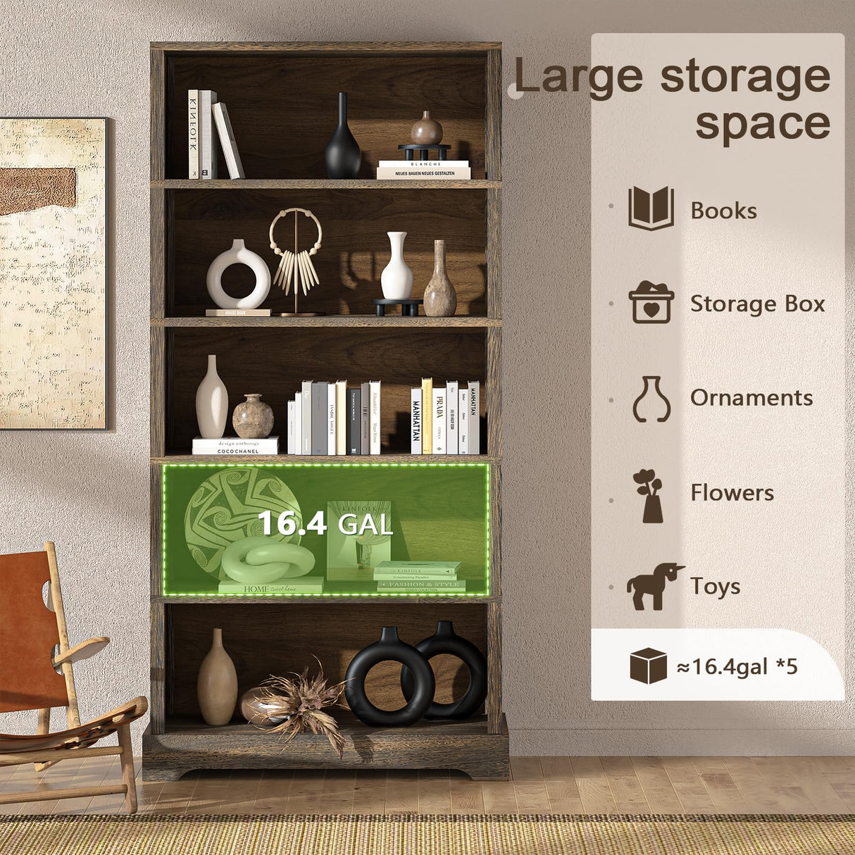 5-Shelf Wood Bookcase, 65 Inch Tall Bookshelf with Storage, Floor Standing Display Book Shelf (Rustic Brown) TVU