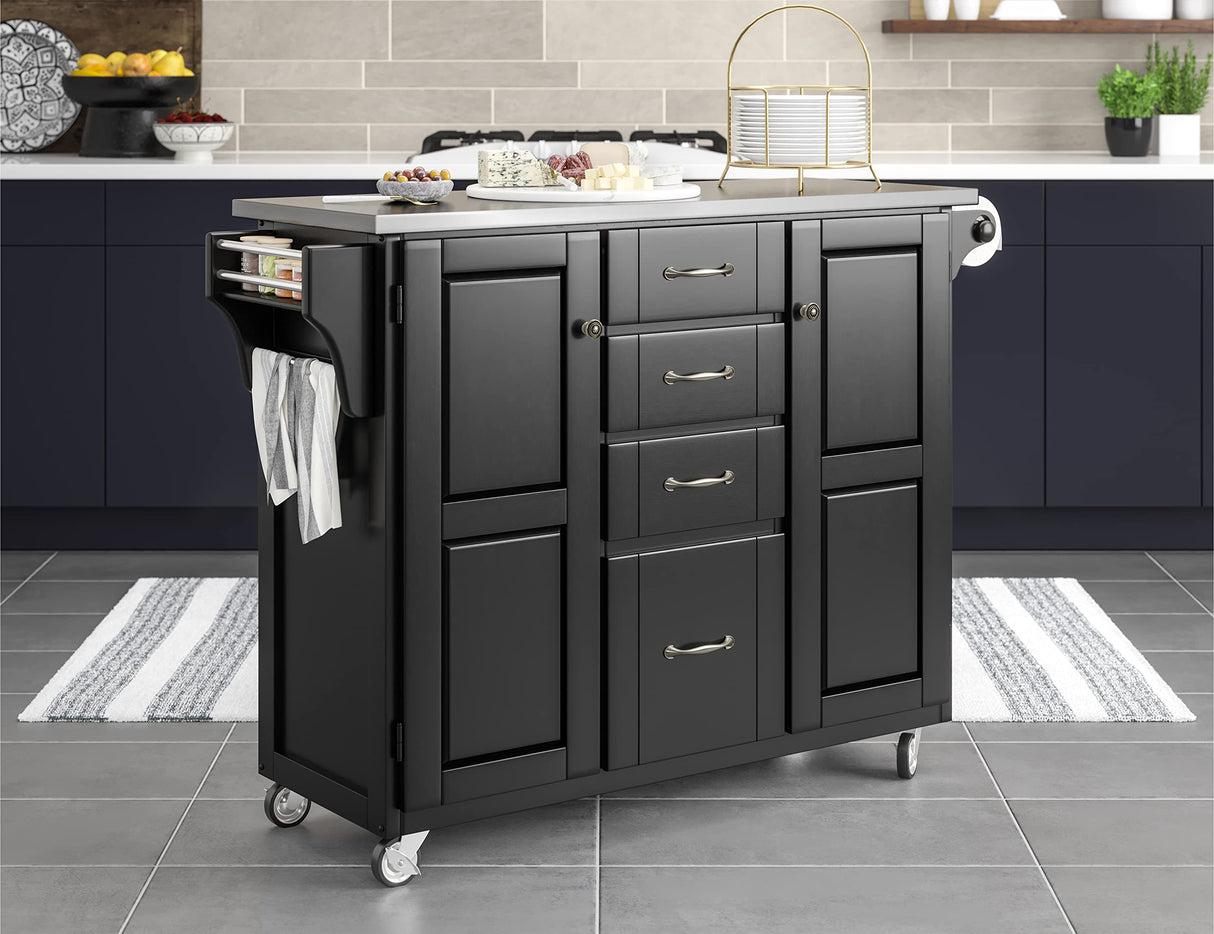 Home Styles Large Mobile Create-a-Cart Black Finish Two Door Cabinet Kitchen Cart with Stainless Steel Top, Adjustable Shelving, Four Large Utility Drawers homestyles