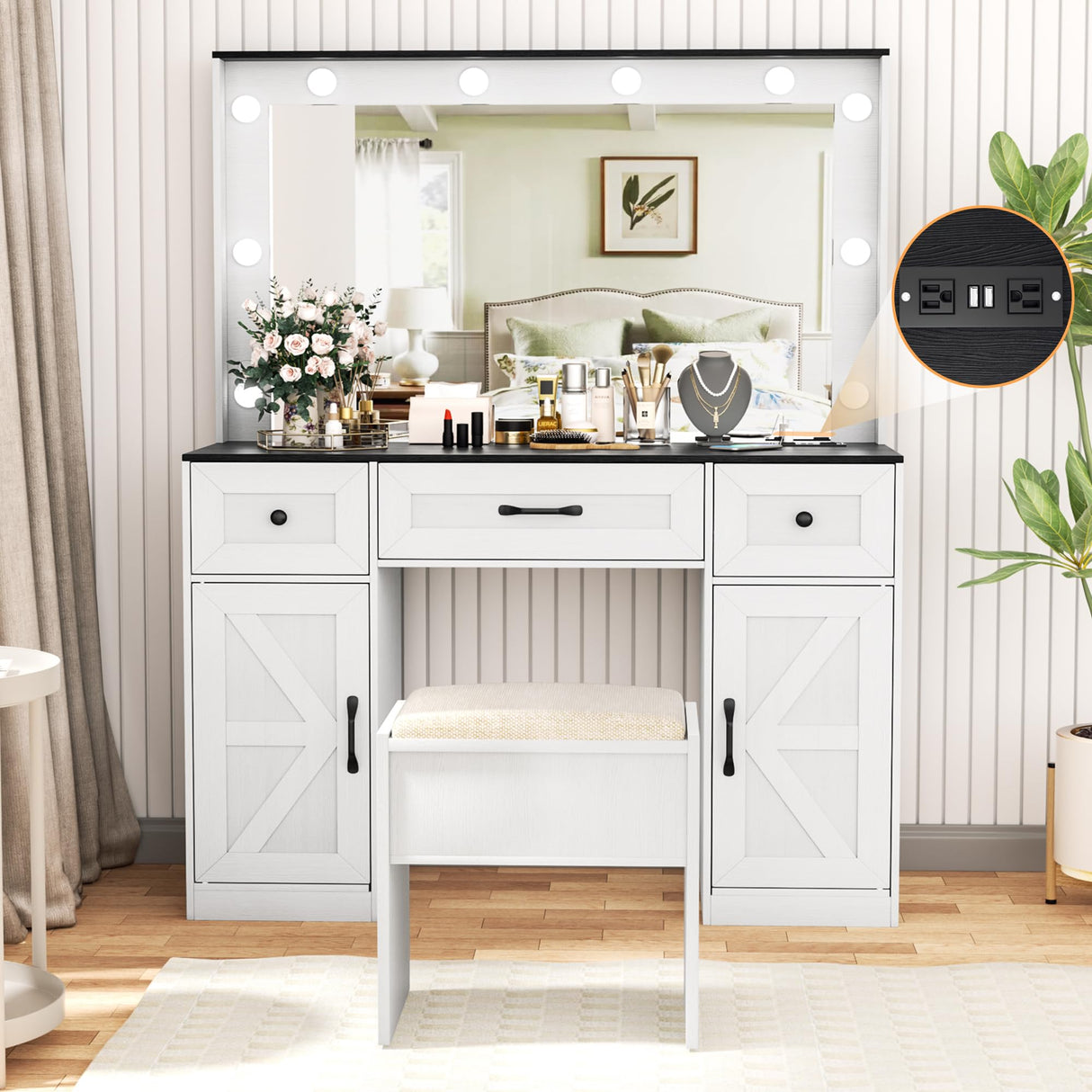 Greenvelly Farmhouse Vanity with Lights Desk and Chair,White Vanity Desk with Mirror and Lights,3 Lighting Modes,Dressing Table with Drawers,Vanity Table Set for Women,Girls Greenvelly