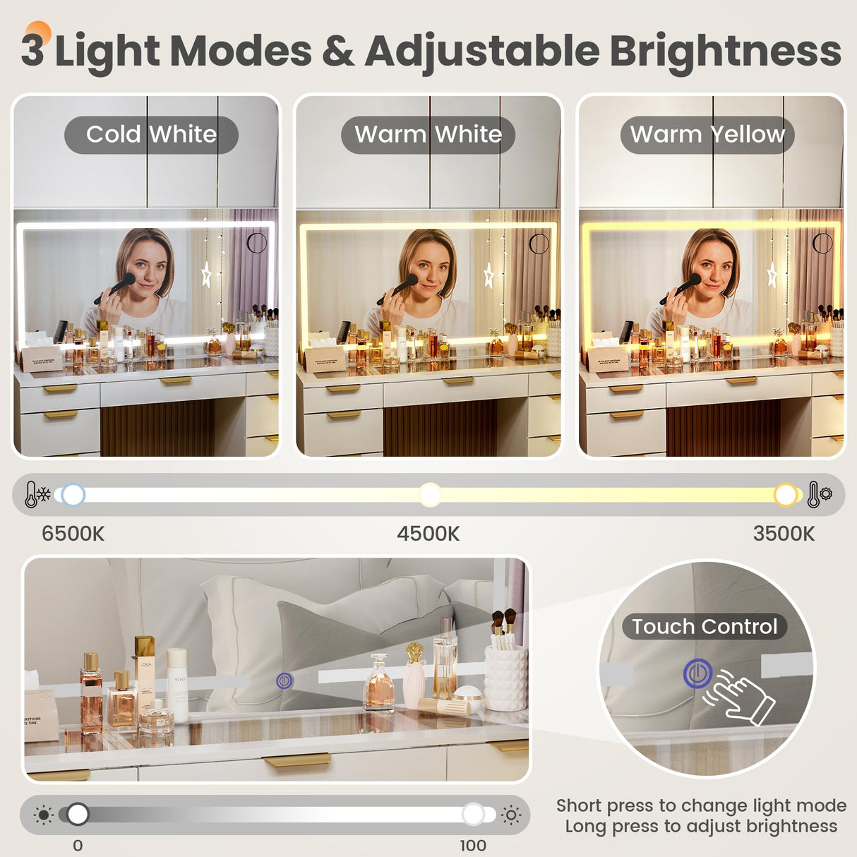 Pamapic 11 Drawers Vanity Desk with Golden Handles, Upgraded Silent Slides Vanity Mirror with Lights, 3 Lighting Modes Glass Top Makeup Vanity with Chair and Portable Mirror, Charging Station Pamapic