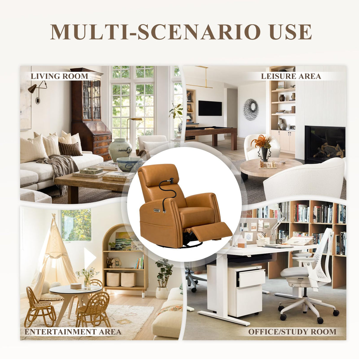 COLAMY Electric Power Swivel Recliner Chair, PU Leather Rocking Chair, 270° Swivel 145° Recliner Chair with Built-in Charging Ports for Living Room, Home, CognacBrown COLAMY