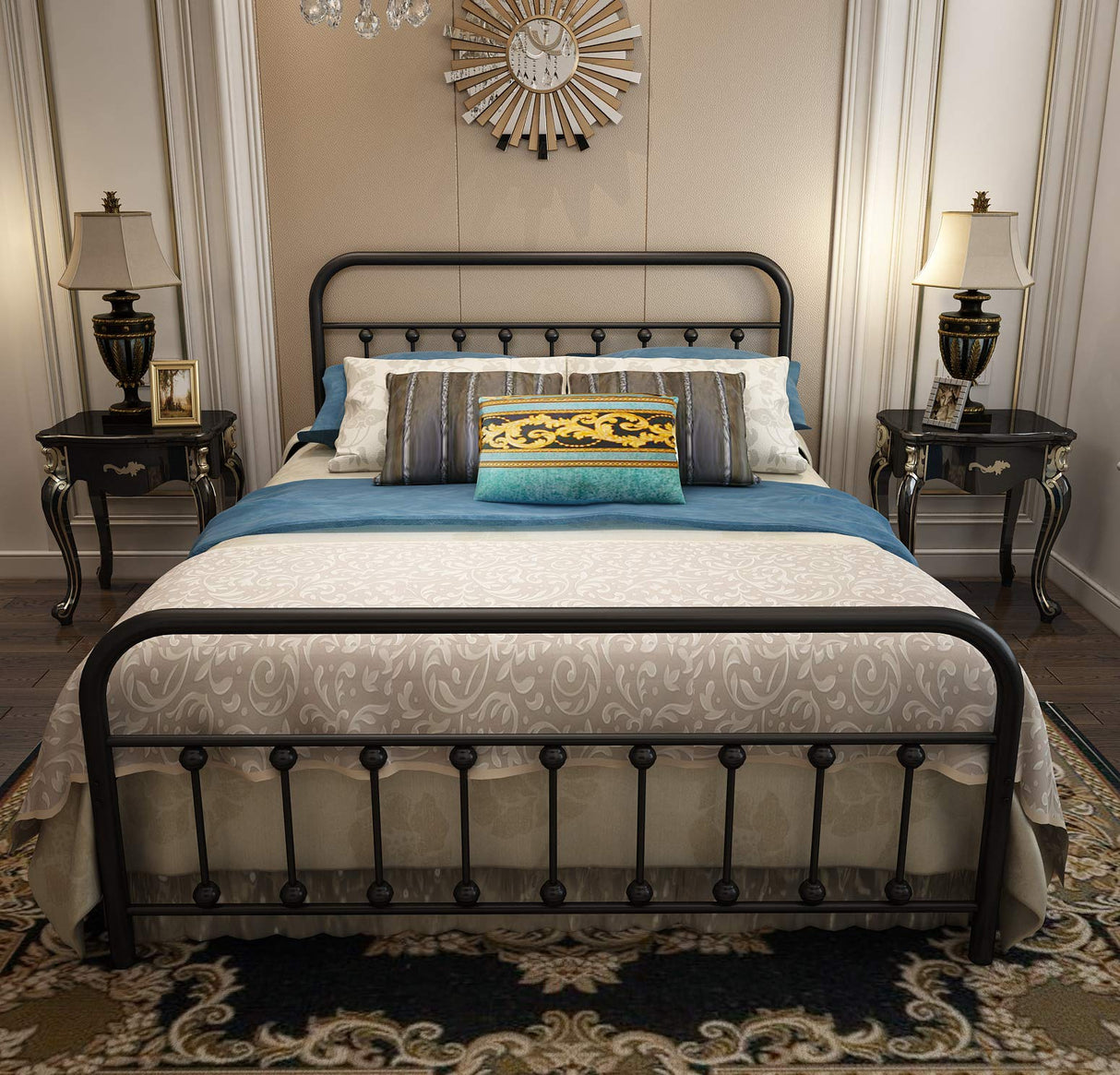 YALAXON Vintage Sturdy Queen Size Metal Bed Frame with Headboard & Footboard - No Box Spring Needed, Black YALAXON