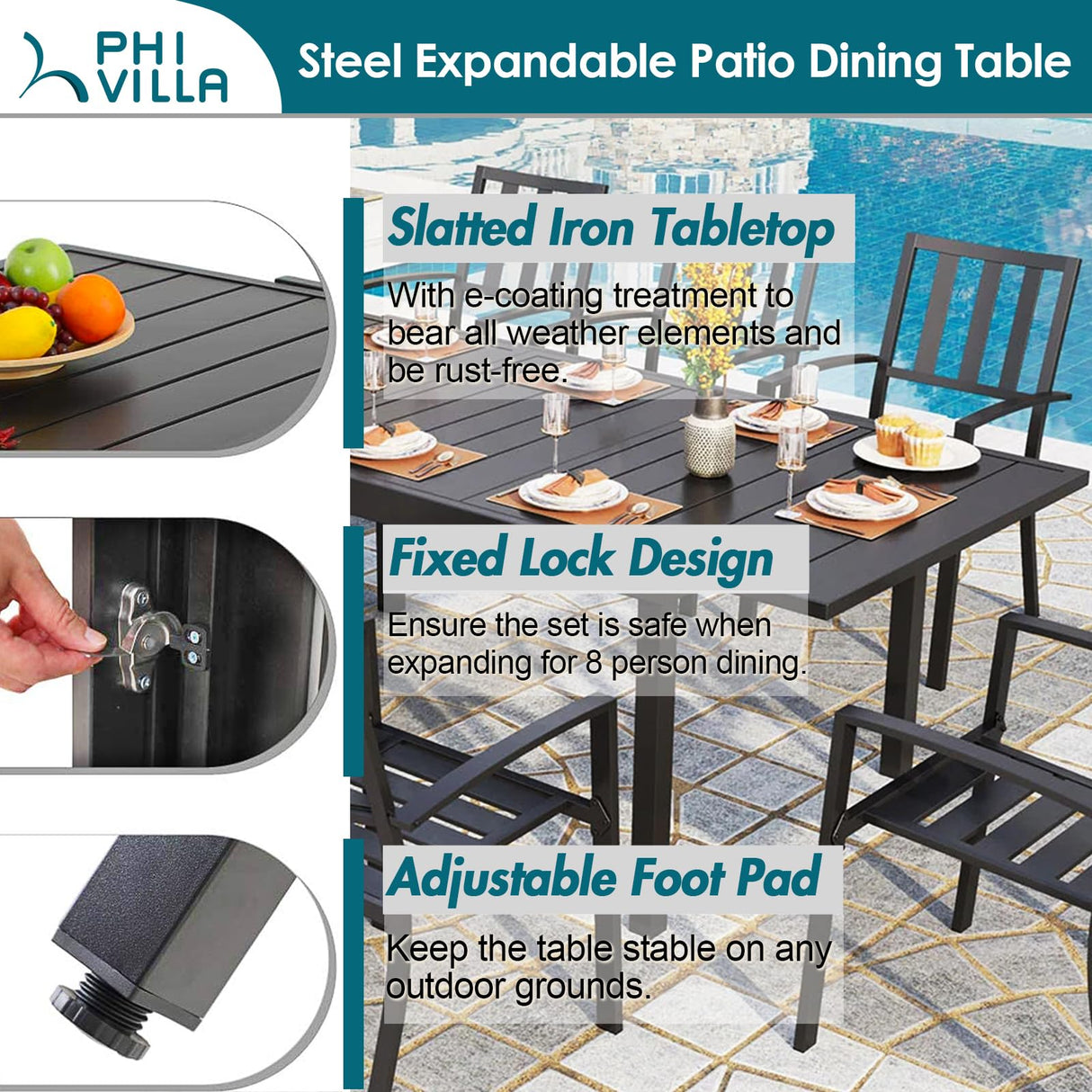 PHI VILLA 9 Piece Patio Dining Table Set, Expandable Rectangular Metal Dining Table & 8 Steel Chairs for Outdoor, Deck, Yard PHI VILLA