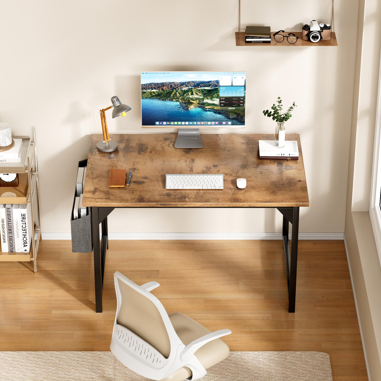 Furmax Computer Desk 40 Inch Small Office Desk with Storage Bag & Headphone Hook, Workstation for Home Office, Modern Writing Study Table (Rustic Brown) Furmax