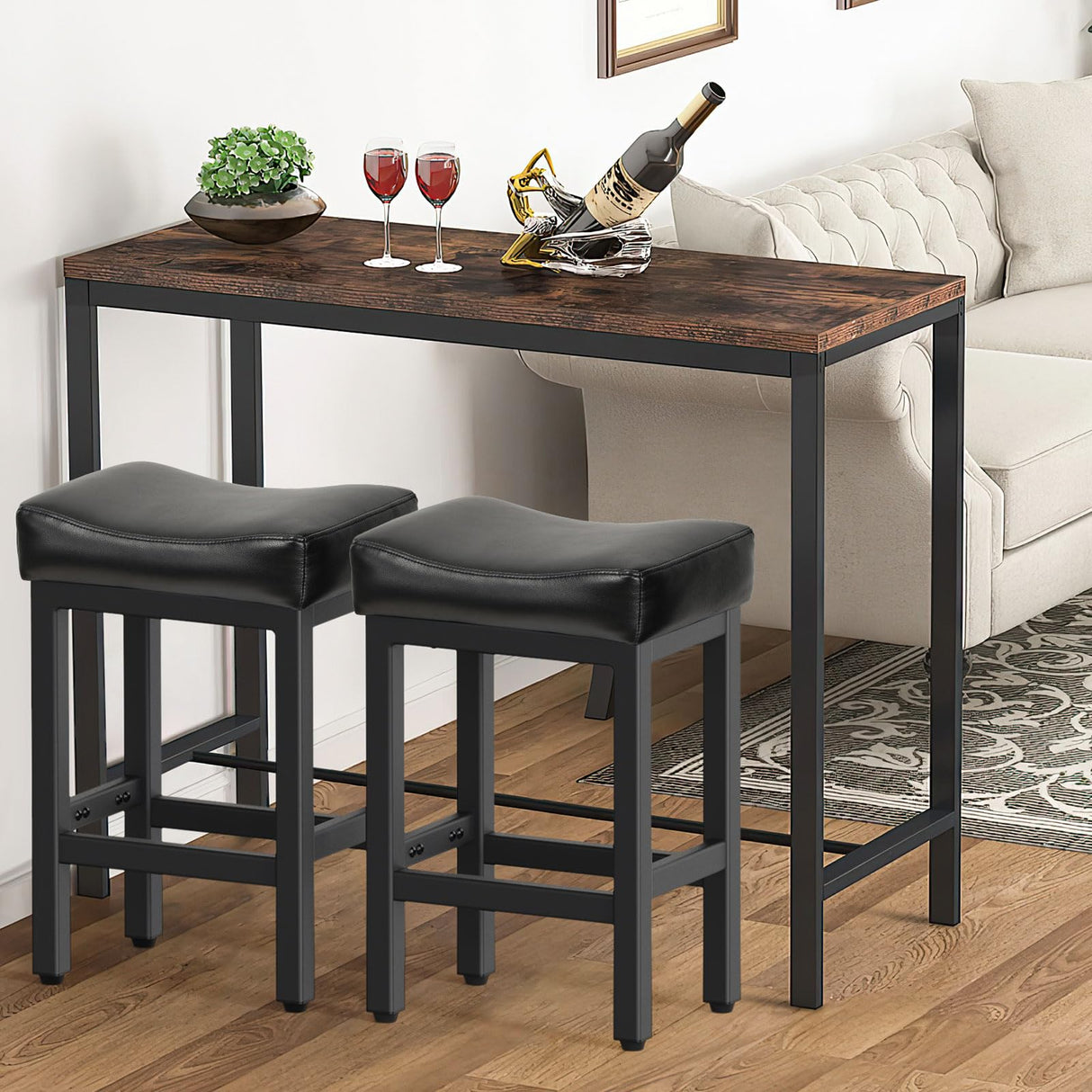 Raynesys Counter Height Bar Stools Set of 2, 24 Inch Barstools for Kitchen Island Counter, Bonded Leather Kitchen Stools with Thick Saddle Seats & Heavy Duty Metal Base, Easy Assembly, All Black Raynesys