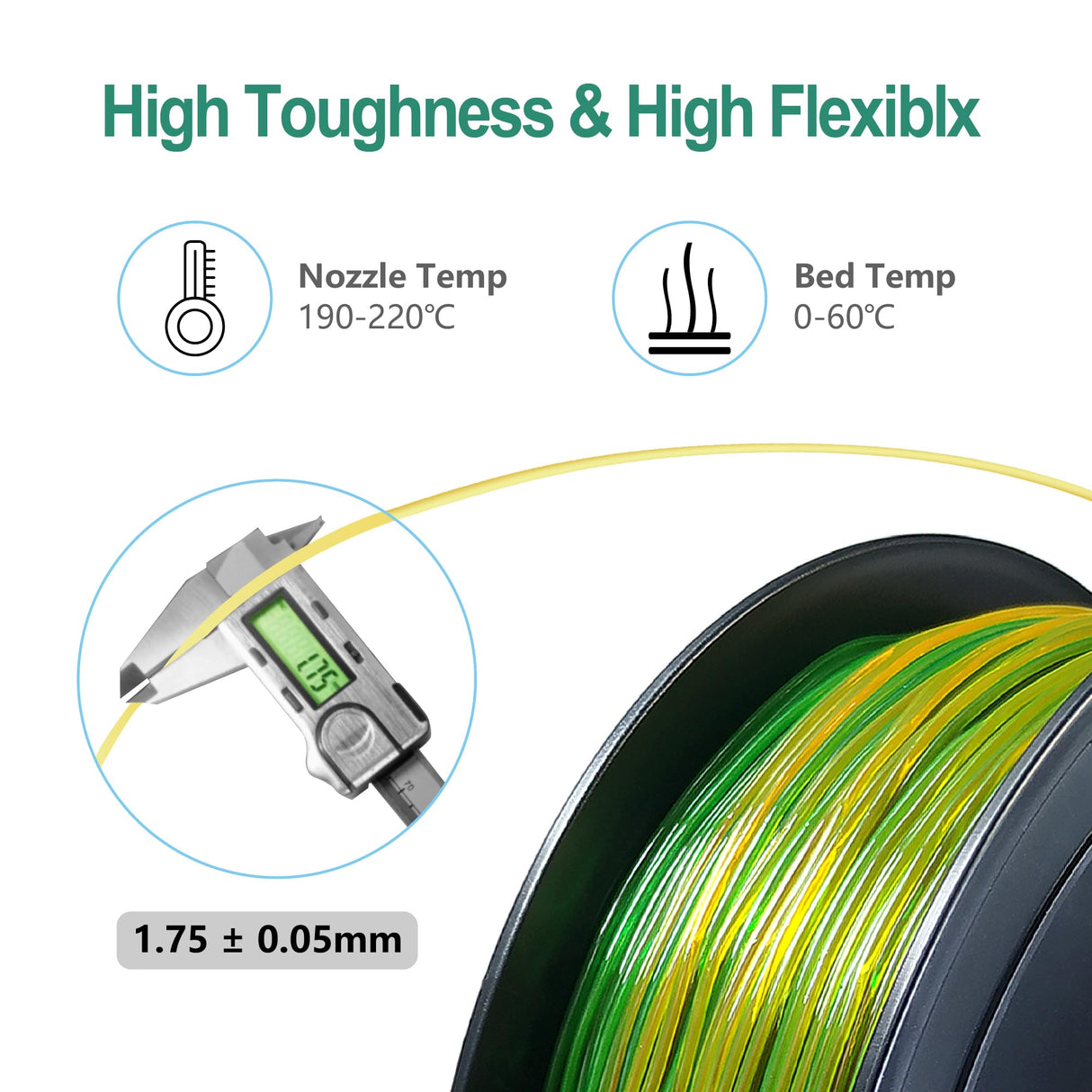 COLORFUL TPU Filament 1.75mm Translucent Rainbow, 95A Soft, 1kg Spool (2.2LB), TPU Translucent Rainbow colorful