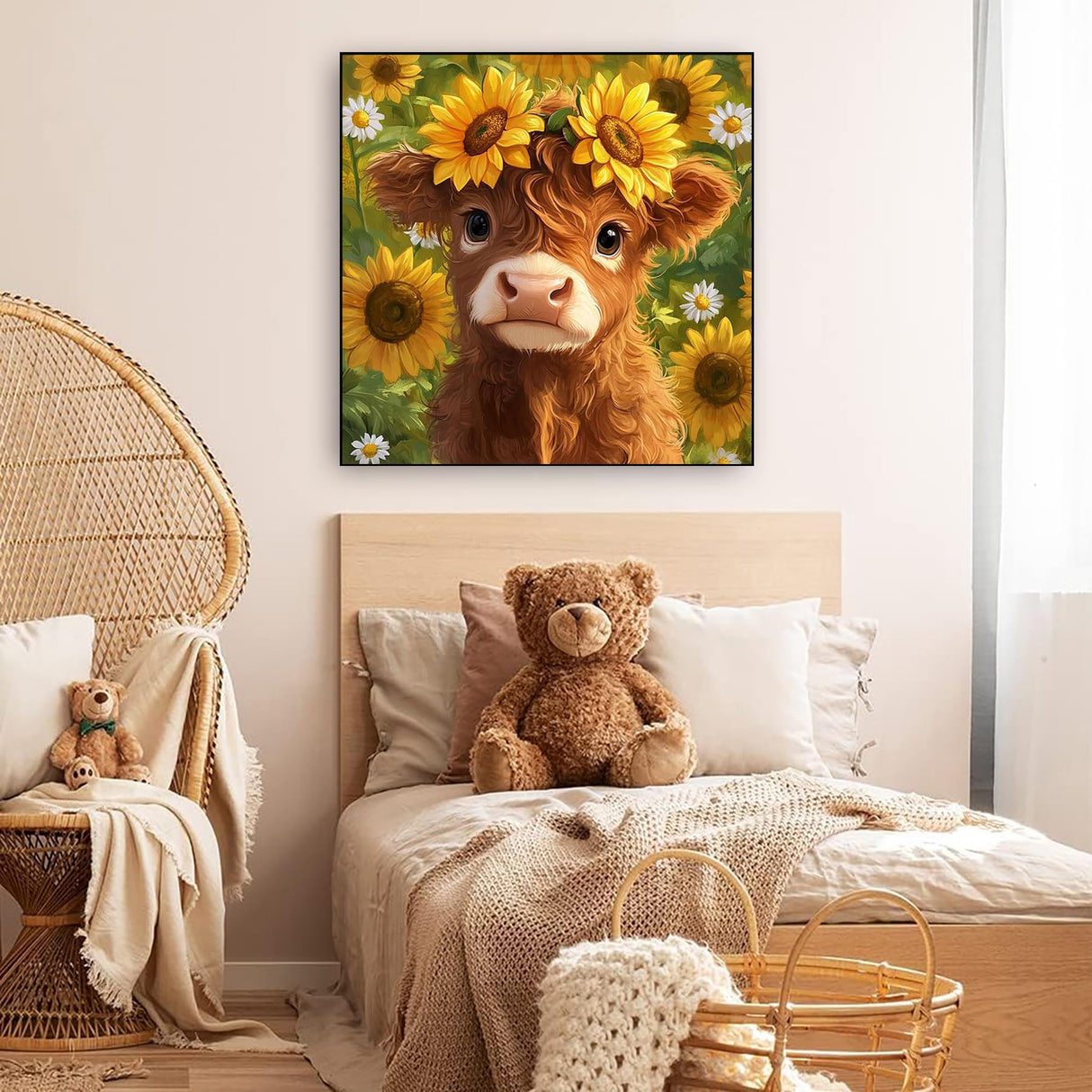 KINPLUB Highland Cow Diamond Art Kits for Adults Beginners, Cow Sunflowers Diamond Painting Kits for Adults, DIY Full Drill Round Gem Art Dots for Home Wall Decor 12x12 Inch KINPLUB