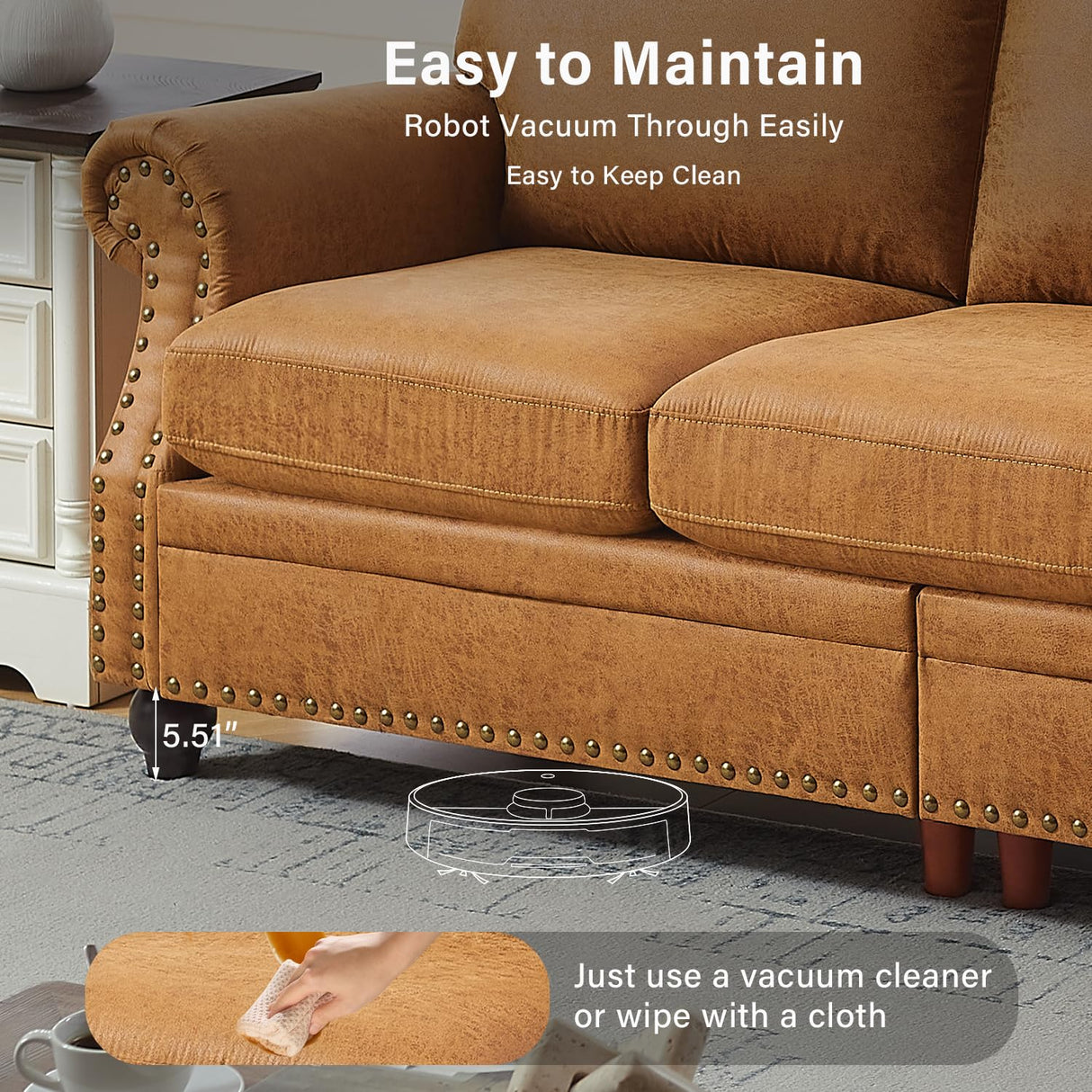 LegacyAmerhome 85'' Faux Leather Couch for Living Room, Mid Century Modern Leather Sofa with Rolled Arm, Classic 3 Seat Brown Couches with Nailheads Trim, Big Comfy Couch with Deep Seat for Apartment LegacyAmerhome