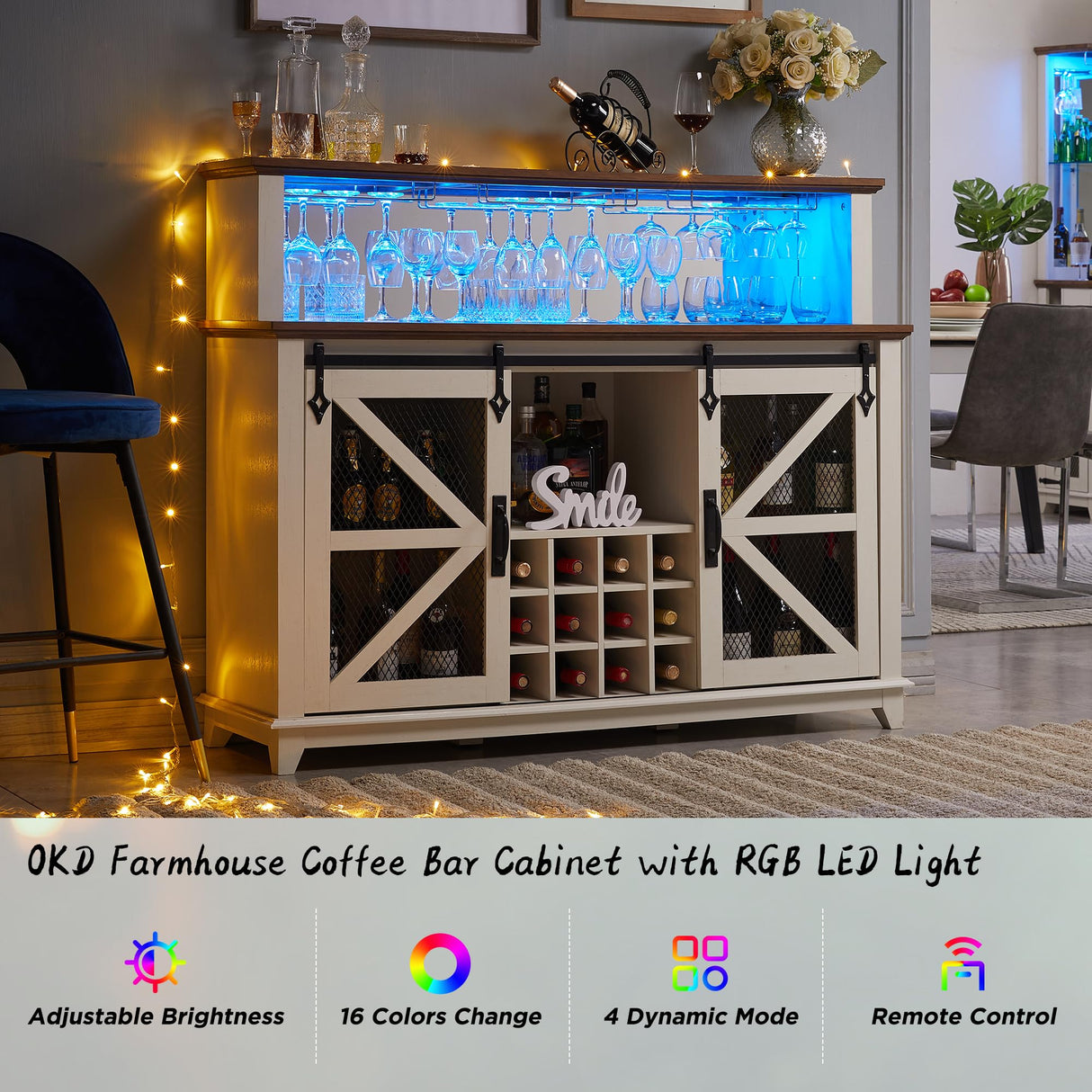 OKD Farmhouse Coffee Bar Cabinet with LED Lights, 55" Sideboard Buffet Table w/Sliding Barn Door & Wine and Glass Rack, Home Liquor Bar w/Storage Shelves for Dining Room,Antique White OKD