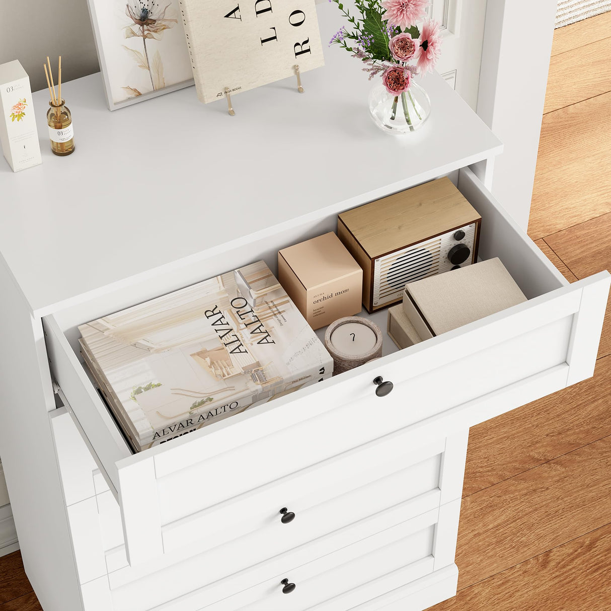 HOSTACK 5 Drawer Dresser for Bedroom, 43.7" Tall Dresser & Chest of Drawers, 29" W Drawer Chest with Metal Handles, Wood Vertical Dresser Storage Cabinet for Living Room, Hallway, Entryway, White HOSTACK