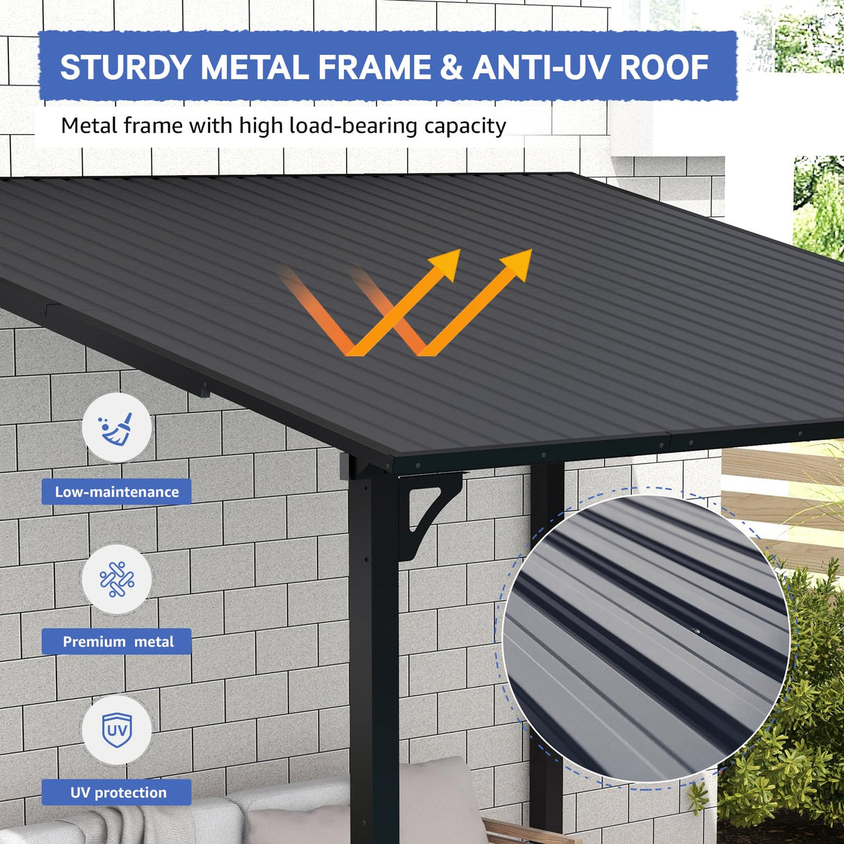 SUNSITT 8’ x 10’ Gazebo, Outdoor Lean to Gazebo Pergola w/Drainage Holes, Wall-Mounted Gazebo with Hard Top Metal Awnings for Patio Backyard Deck, Dark Grey SUNSITT
